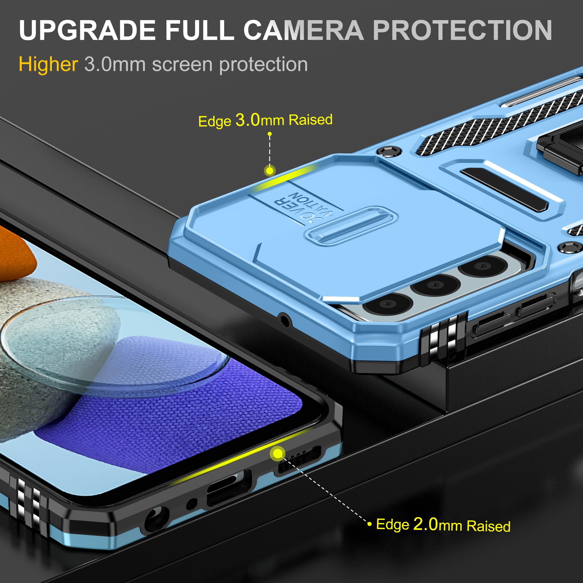 Samsung Galaxy A15 5G Case With Slide Camera Cover + Screen Protector(2 Packs), Rotated Ring Kickstand Military Grade Shockproof