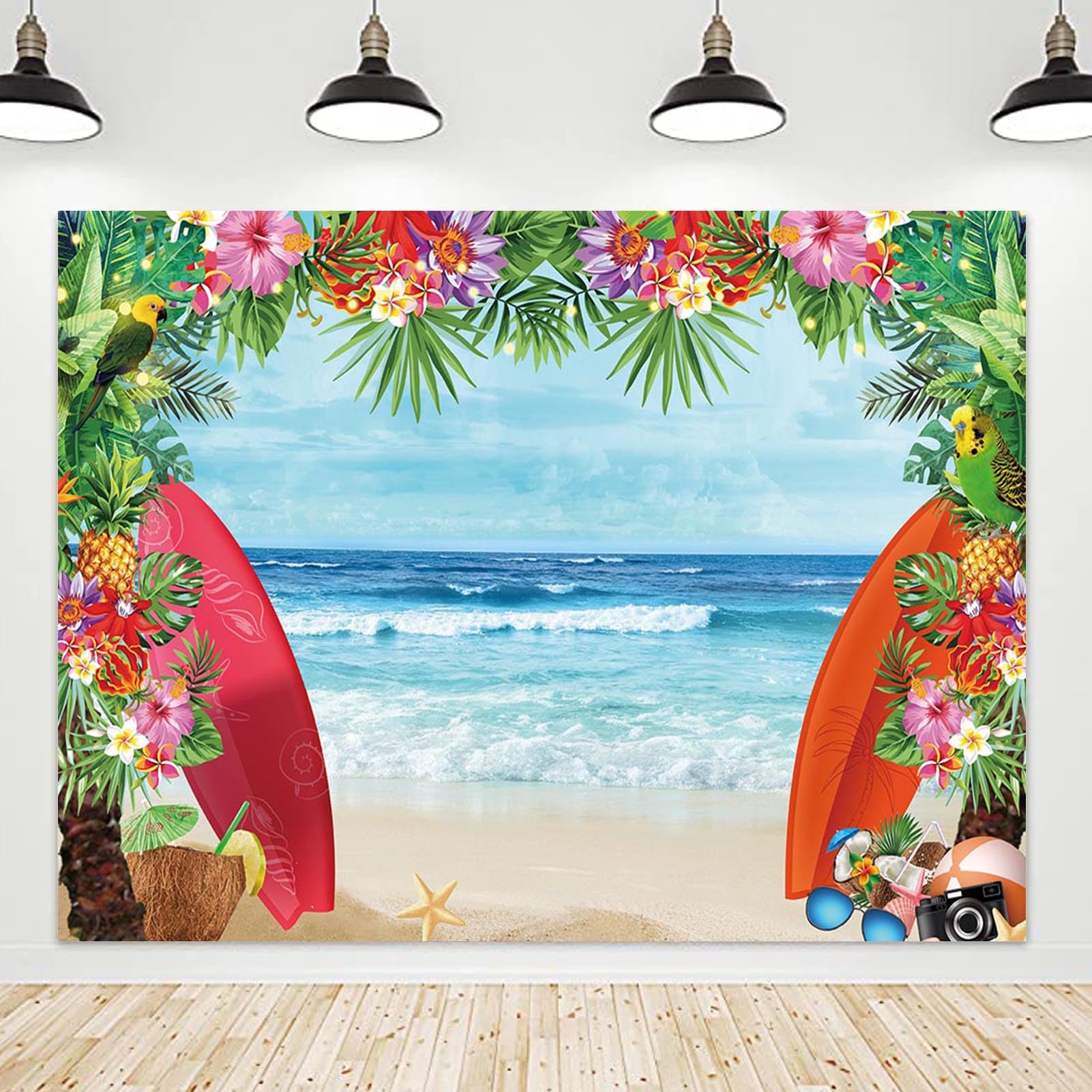 Hqm 10X8Ft Summer Tropical Beach Theme Photo Background Beach Conch Hawaii Blue Sea Flower Children Birthday Luau Party Photogra