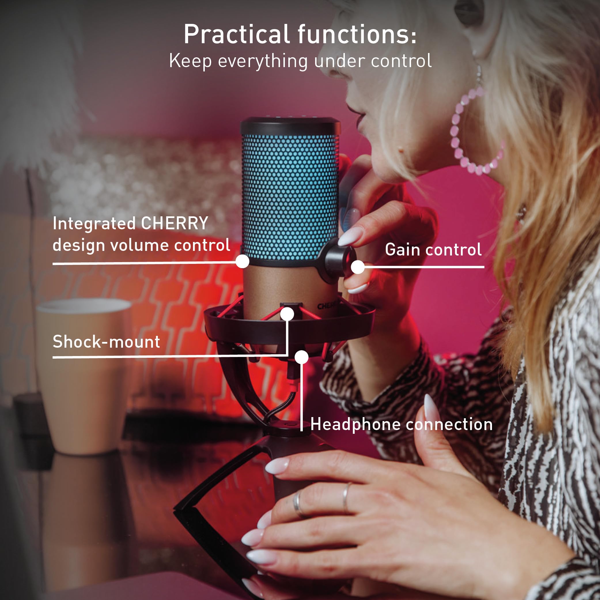 Cherry Um 9.0 Pro Rgb, Usb Microphone With Rgb Lighting, For Gaming, Streaming, Asmr, 4 Directional Patterns, Compatible With Pc