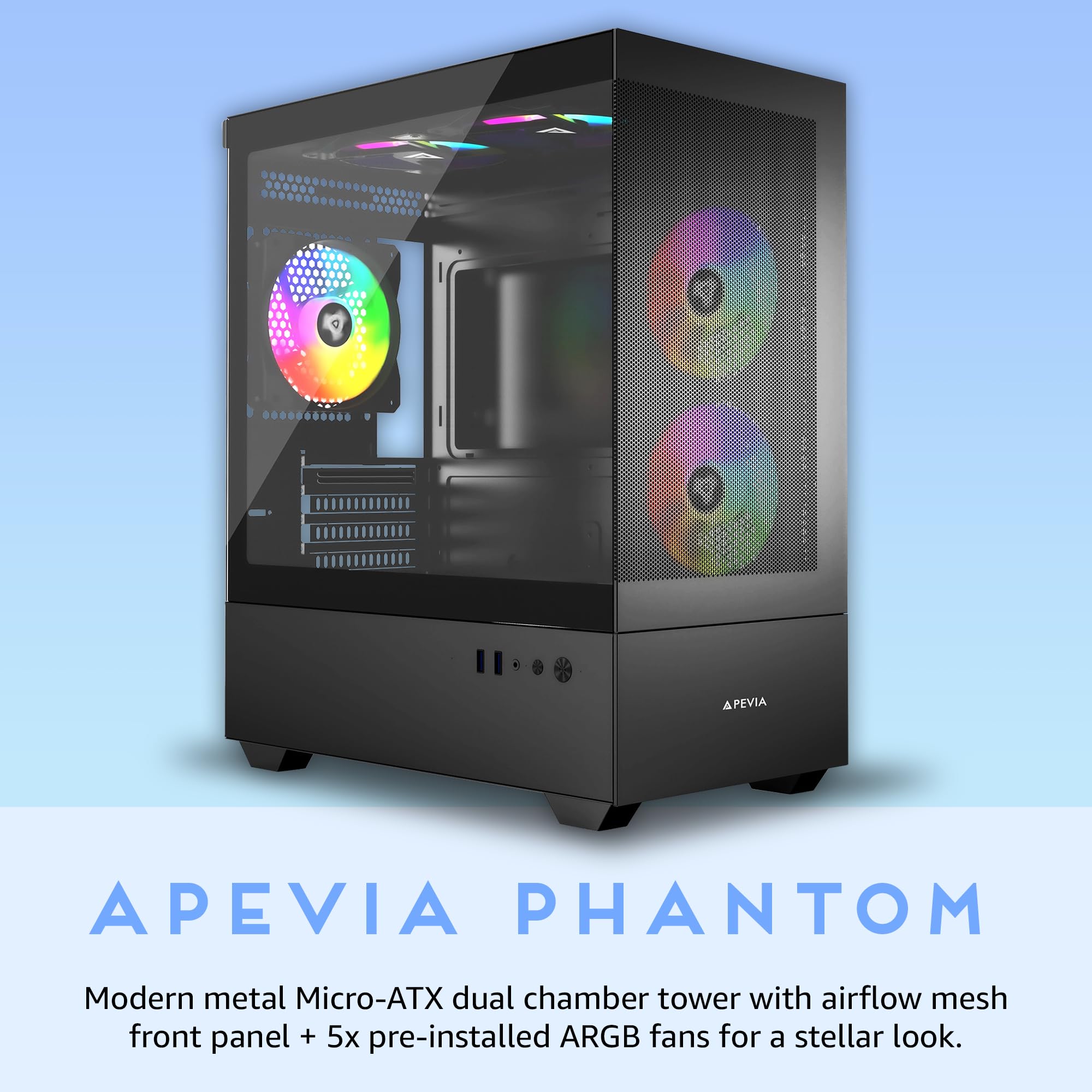 Apevia Phantom Mesh Bk Phantom Micro Atx Dual Chamber Mesh Gaming Pc Case W/ 5X 120Mm Argb Fans, 366 Rgb Modes, Mesh Airflow Per