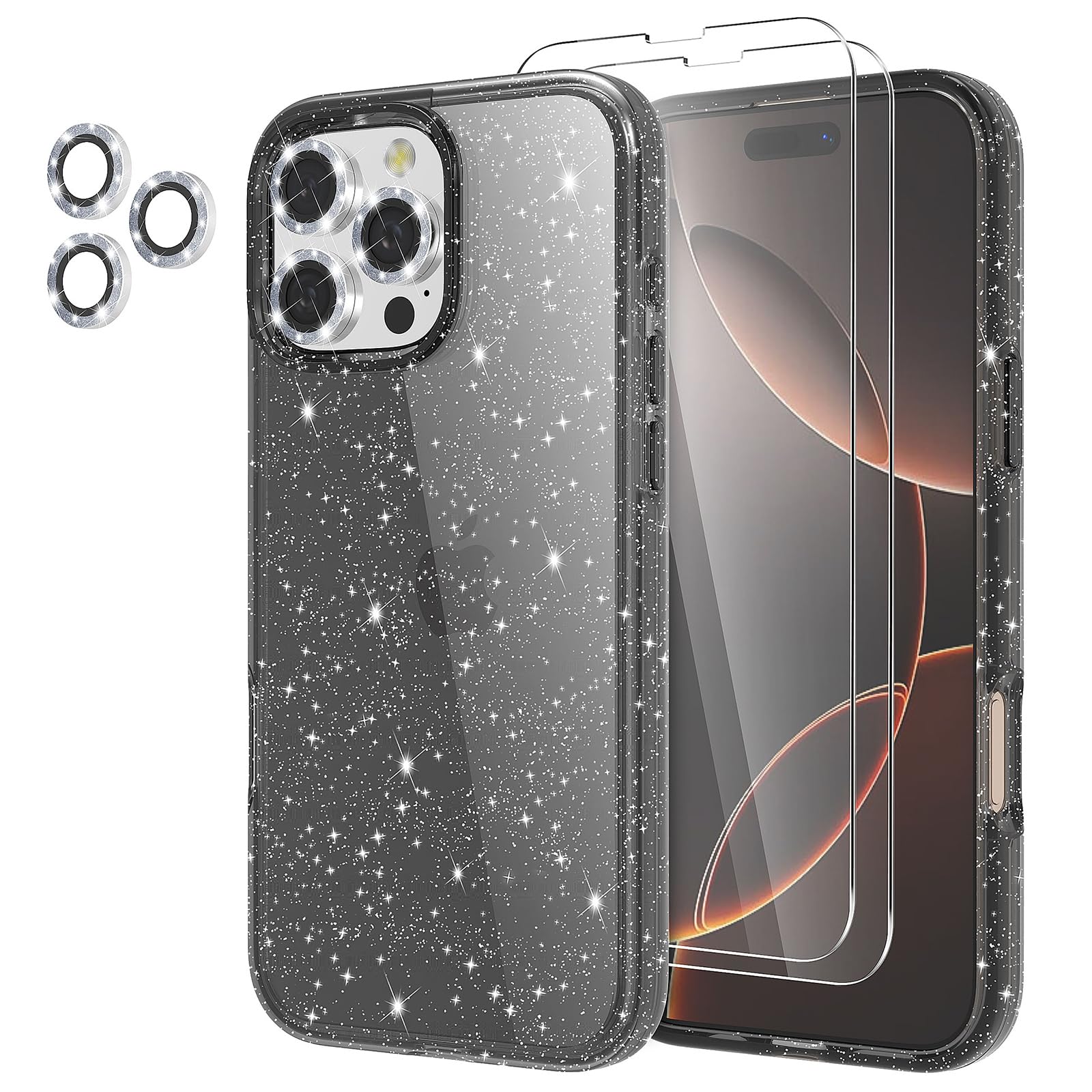 Jasmeas For Iphone 16 Pro Case Clear Glitter, With [2 Pack] Screen Protector & [3 Pack] Camera Lens Protector Sparkle Pc Hard So