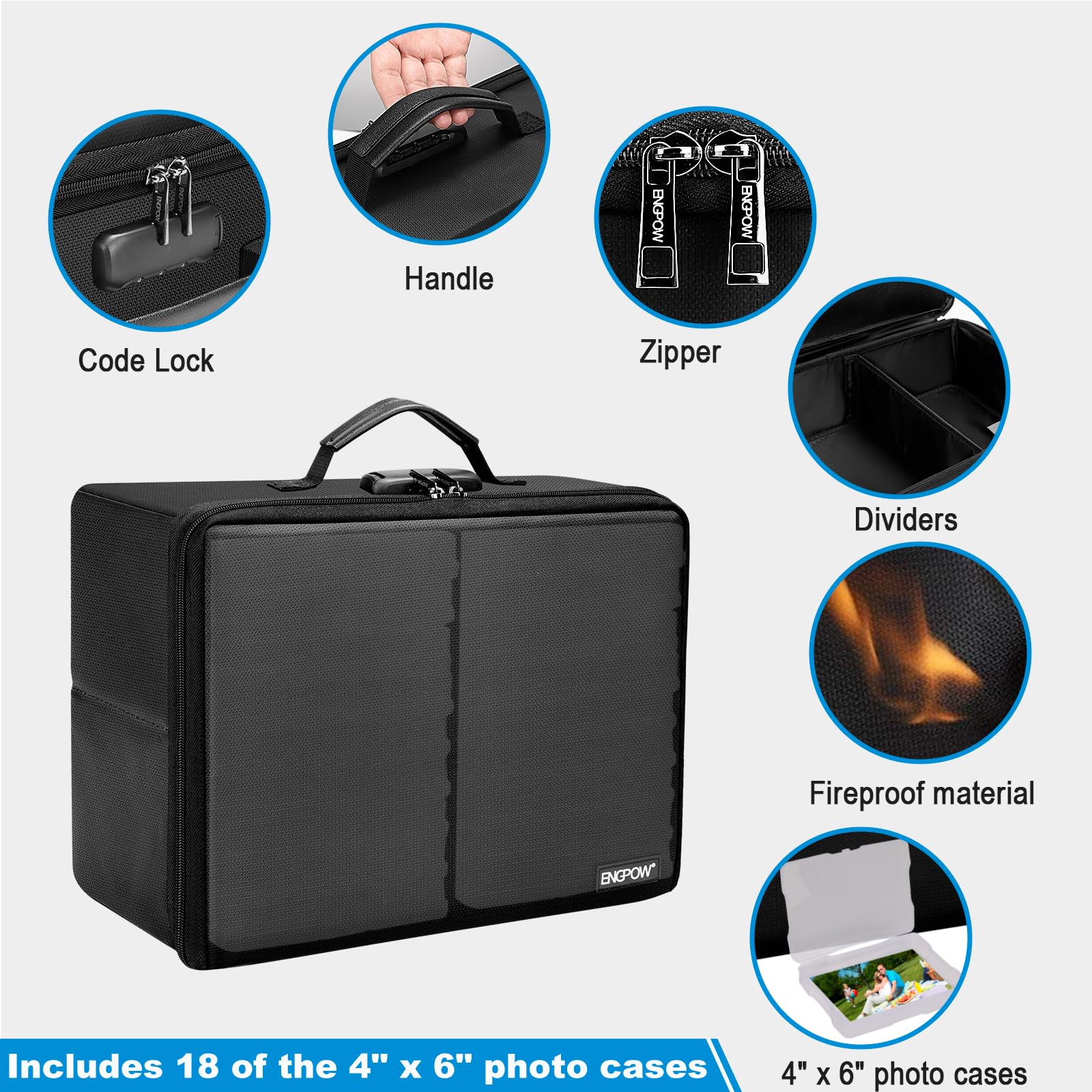 Engpow Photo Storage Box With 18 Inner 4'' X 6'' Photo Case(Clear),Fireproof Photo Organizer Box With Lock,Collapsible Portable