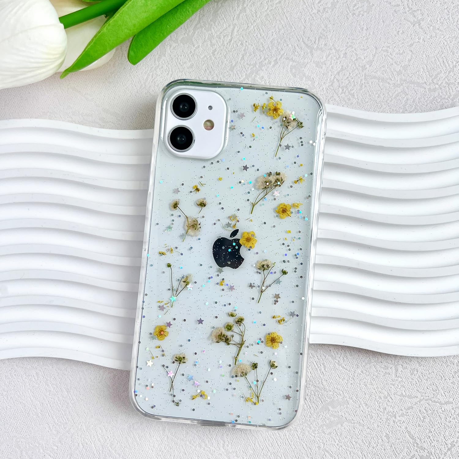 Lseeka For Iphone 11 Clear Case With Pressed Real Flowers Design,Glitter Cute Yellow Floral Pattern Slim Soft Tpu Protective Wom