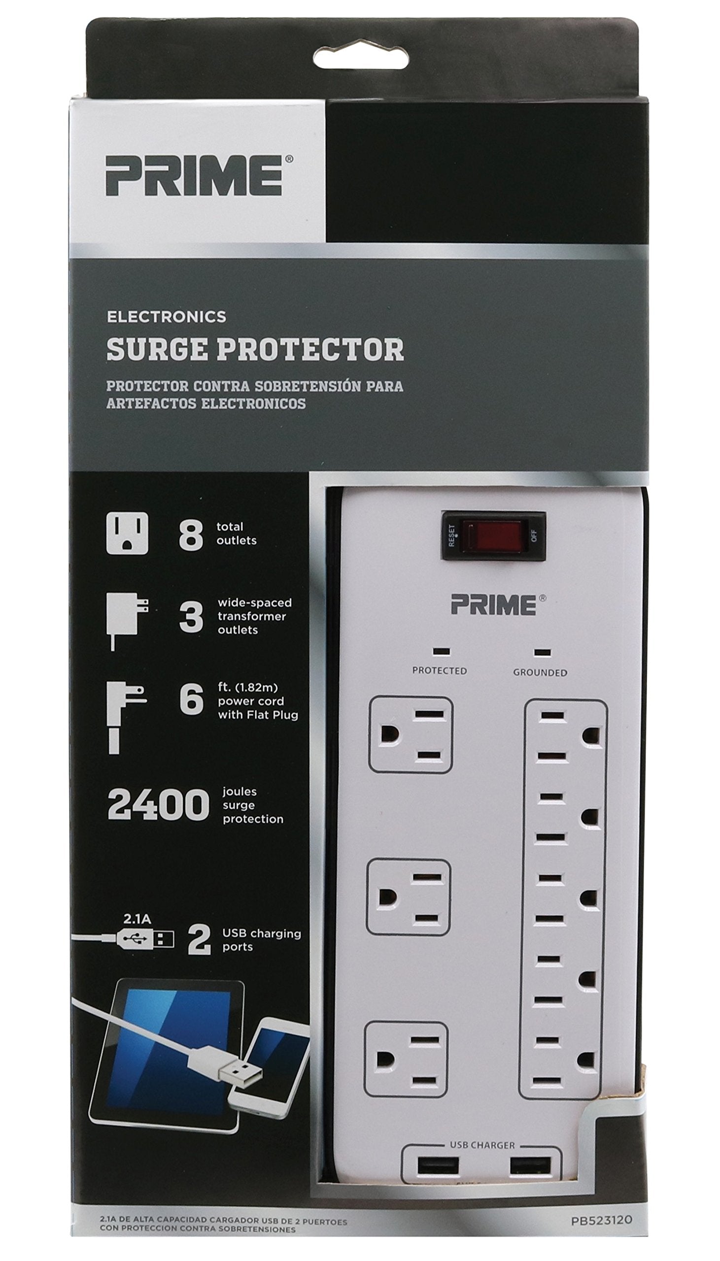 Prime Wire & Cable Prime Wire PB523120 8-Outlet Electronics Surge Protector with 14-3 SJT 6 Foot Cord, White