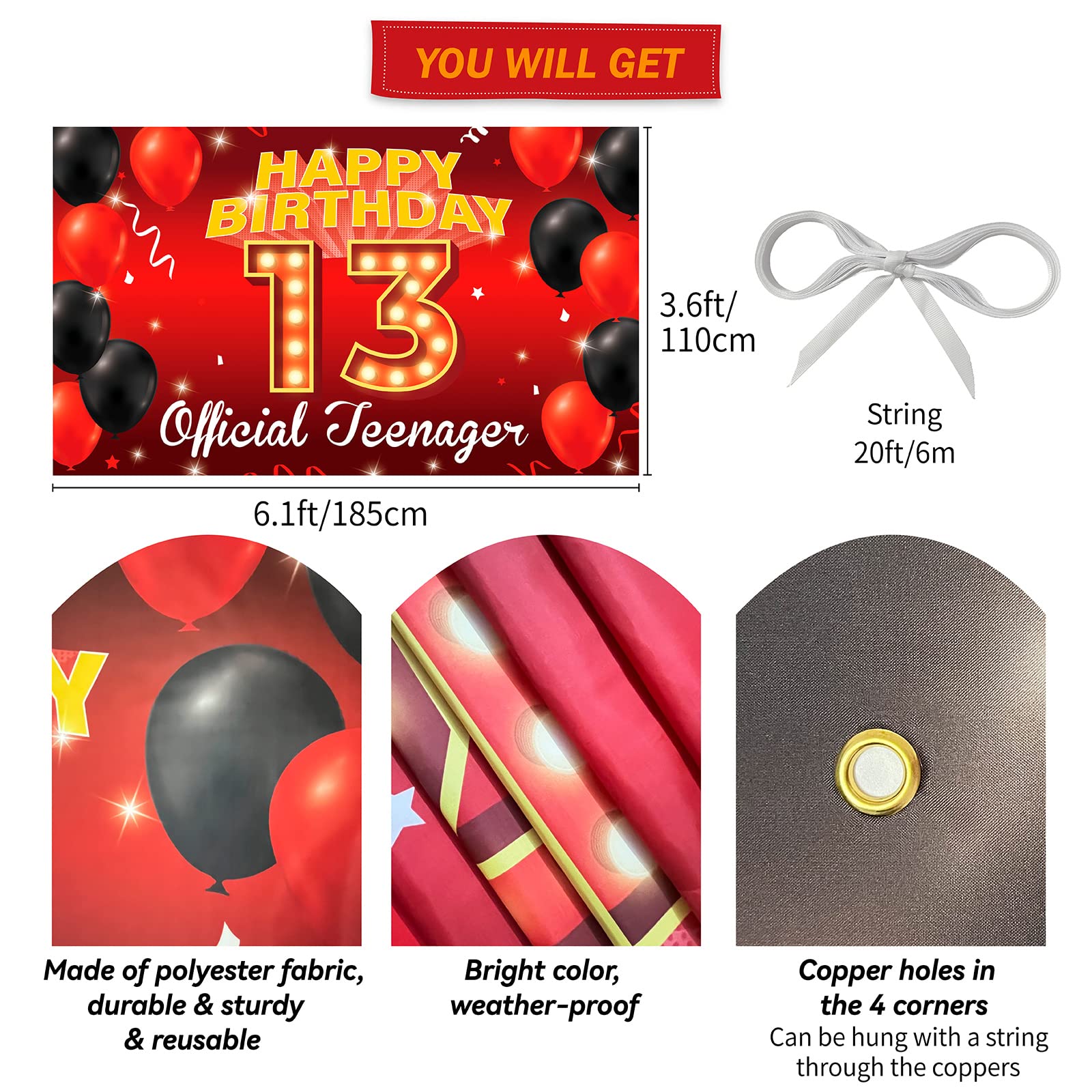 13Th Birthday Decorations For Boys Girls, Happy 13Th Birthday Backdrop Banner, Official Teenager Birthday Photo Booth Props Red,