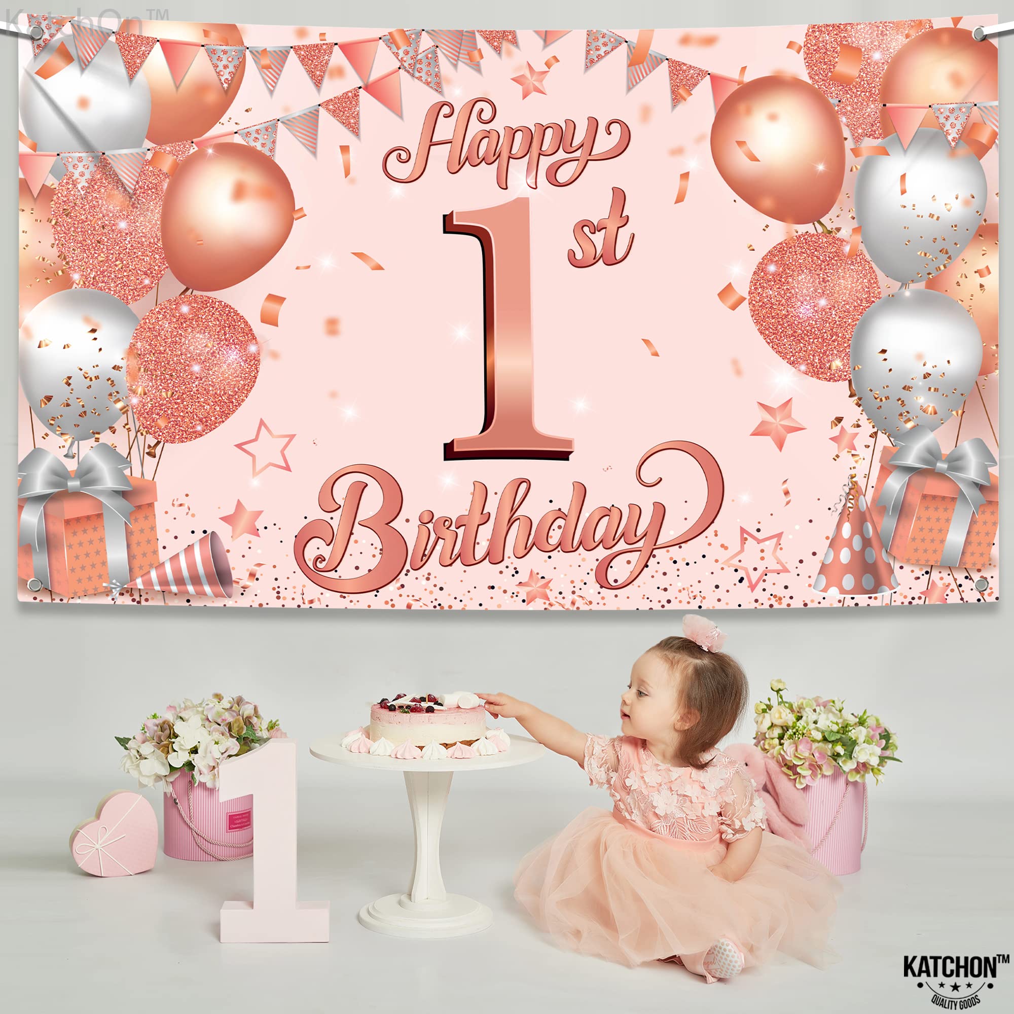 Katchon, Large Happy 1St Birthday Banner   72 X 44 Inch | Rose Gold Happy First Birthday Banner | 1St Birthday Backdrop, Baby Gi