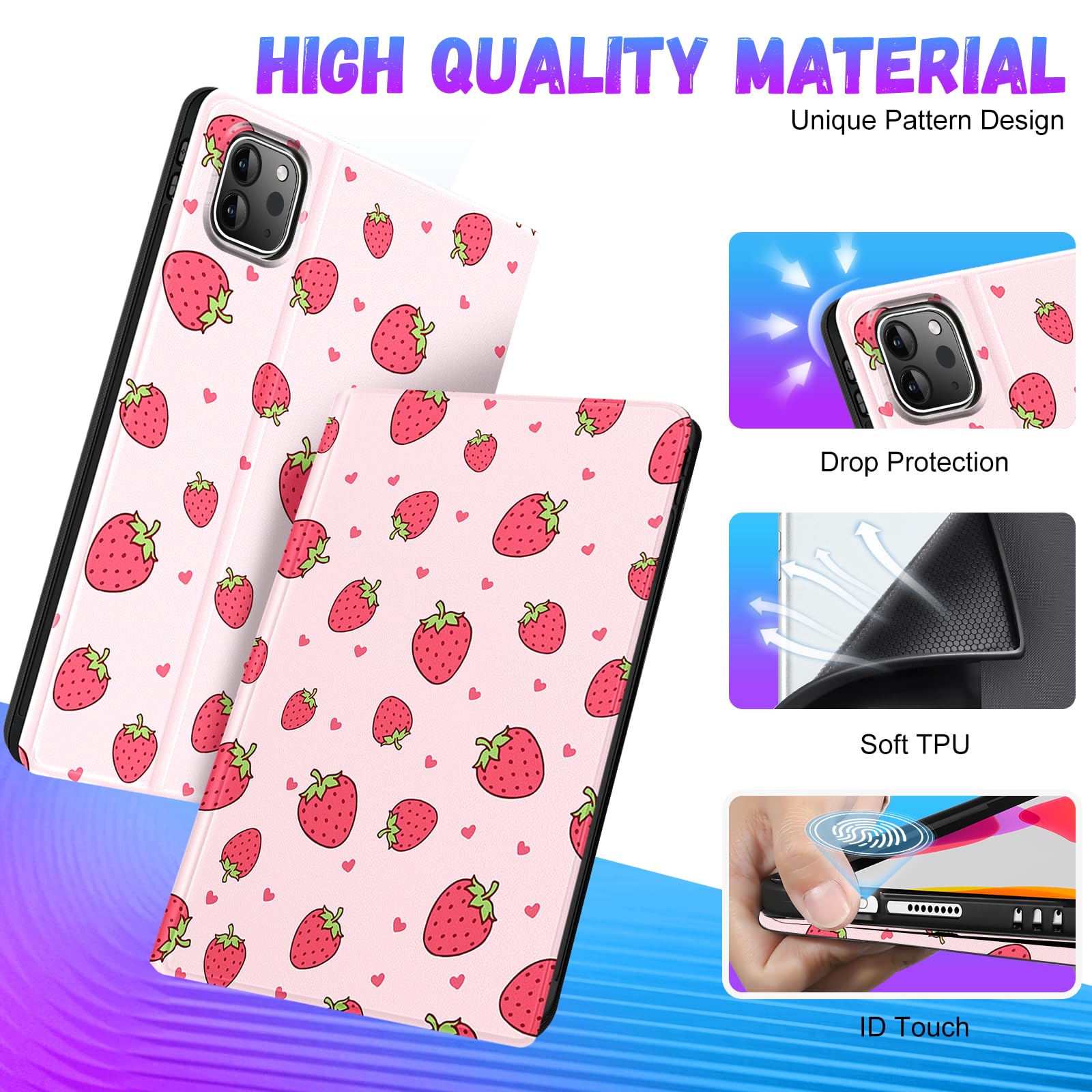 Uppuppy For Ipad Air 11 Inch Case, Air 5Th/4Th Generation 10.9, Pro 11'' Case Cute Kids Women Girls Girly Strawberry With Apple