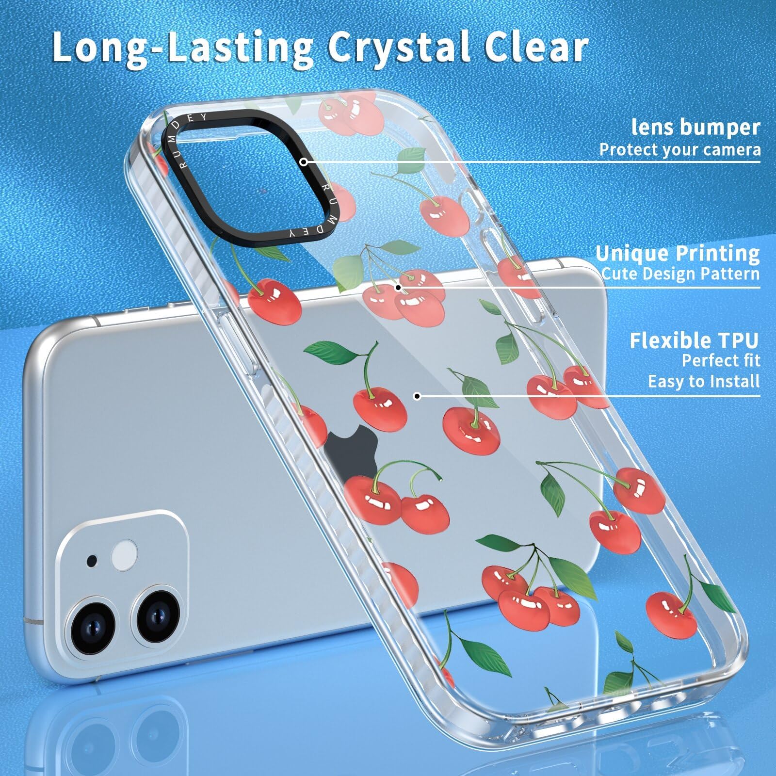 Rumdey 2 Pack Cute Cherry For Iphone 11 6.1'' Phone Case, Transparent Tpu Aesthetic Design Clear Cases Soft Silicone Slim Tpu Sh