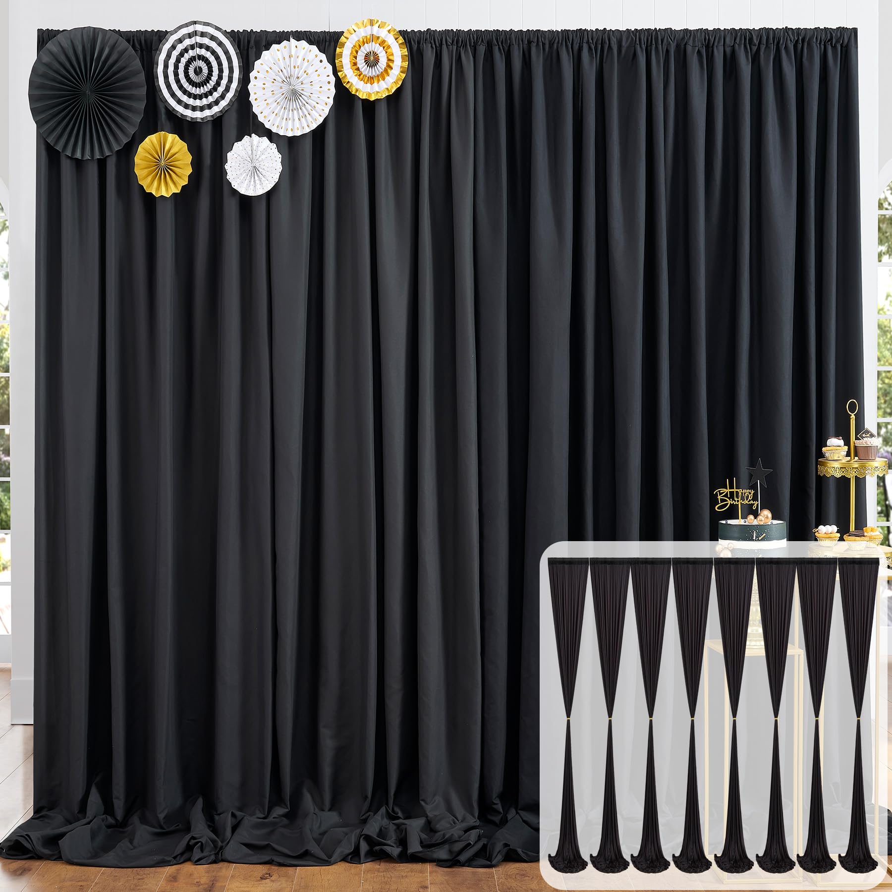 40Ft X 10Ft Black Backdrop Curtain Panels For Parties, 8 Panels 5Ftx10Ft Thick Wrinkle Resistant Polyester Backdrop Drapes For B