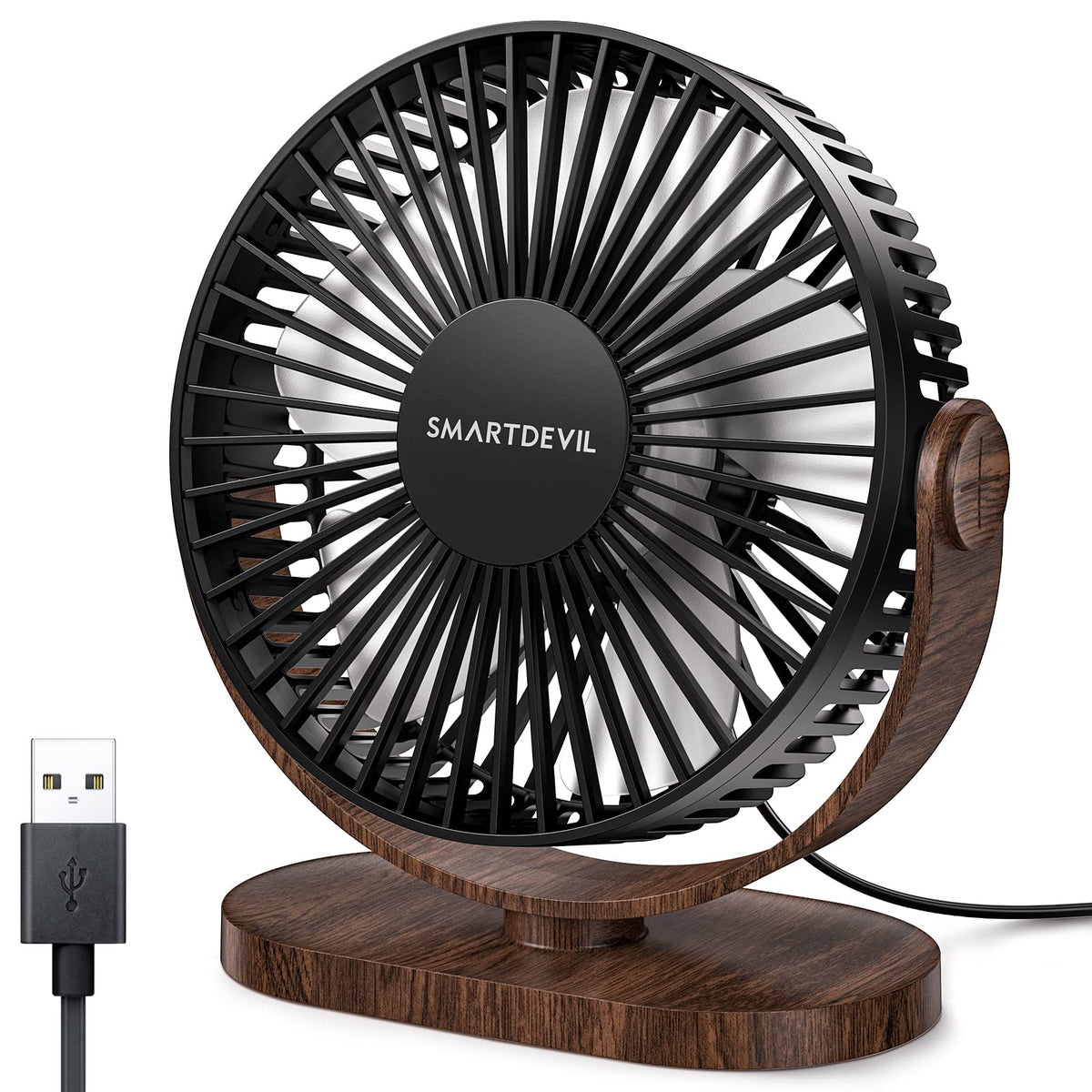 SMARTDEVIL USB Small Desk Fan, 3 Speeds Portable Desktop Table Fan, 90° Adjustment Personal Mini Fan, Quiet Operation, for Home Office Car Outdoor Travel (Black Wood Grain)