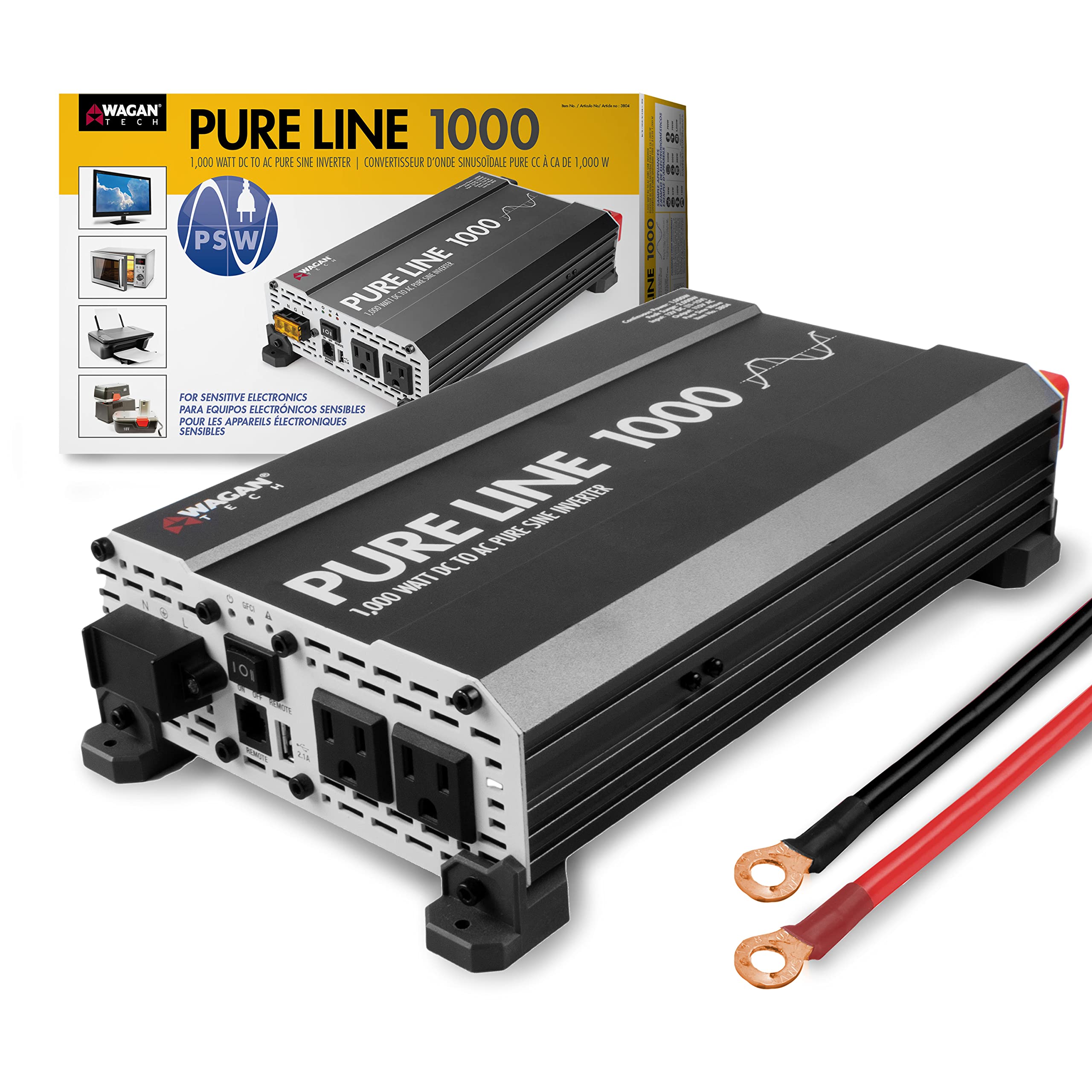 Wagan EL3804 Pure Line Inverter 1000 Watt DC 12V to 110V AC Car Pure Sine Wave Power Inverter for Home RV Camping Van Life Off G