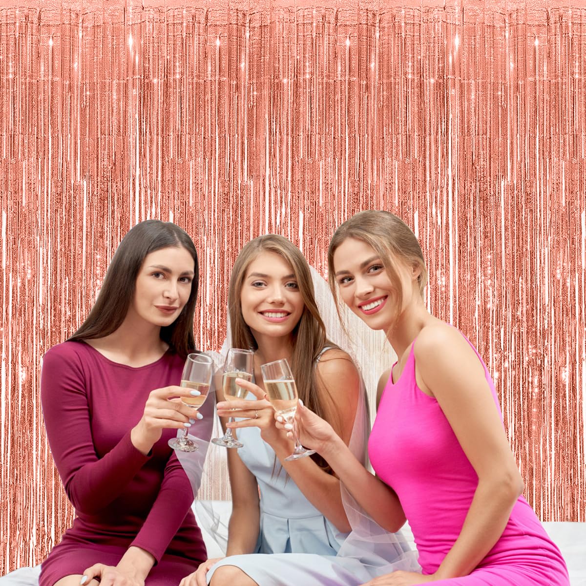 Rose Gold Thicken Glittering Tinsel Foil Fringe Curtain Party Decorations 3.2X8.2Ft   2 Pack, Photo Backdrop For Birthday Bachel