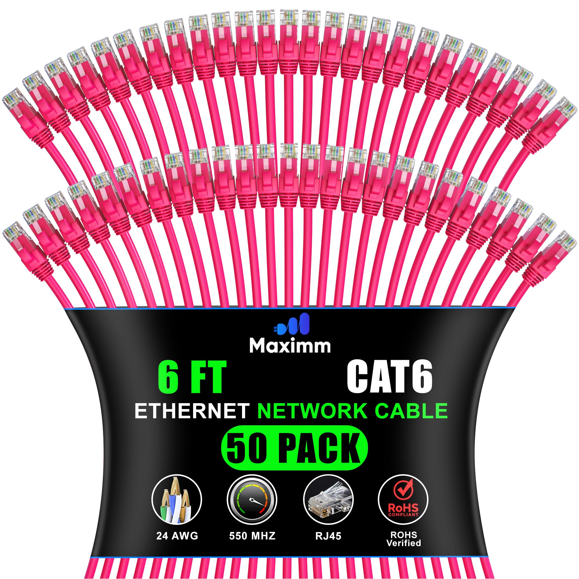 Maximm Cat 6 Ethernet Cable - High-Speed LAN, Internet, Patch & Network Cable - UTP, 10Gbps, 550MHz Ethernet Cord 50-Pack