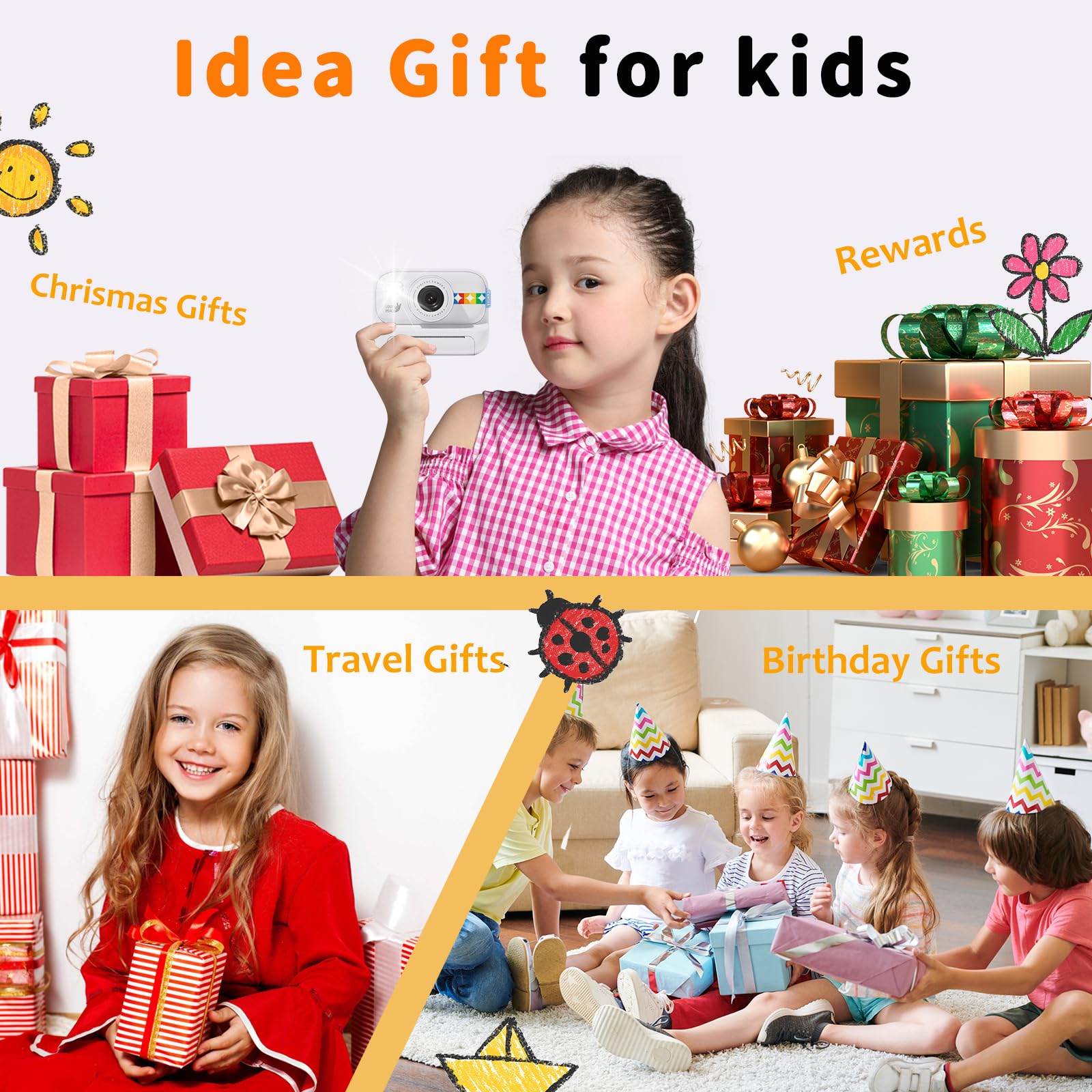 Kids Camera Instant Print, Christmas Birthday Gifts For 3 12 Boys Girls, 1080P Digital Camera, Portable Toddler Travel Toy For 4