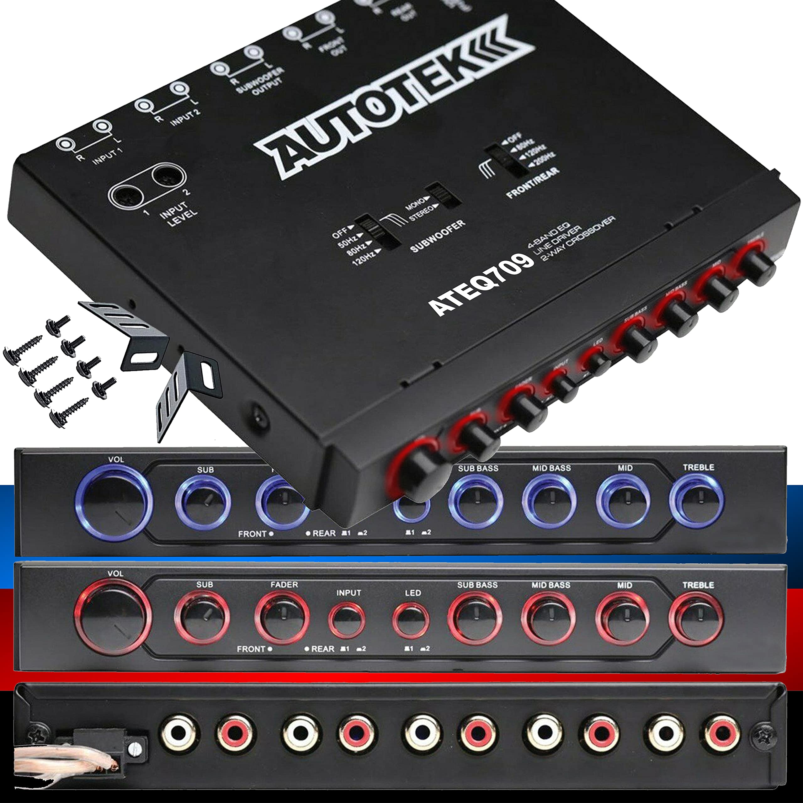 Autotek Ateq709 4 Band Audio Equalizer With Built In 2 Way Crossover, 9 Volts, 1/2 Din, Re Amp Eq With Front/Rear Active Crossov