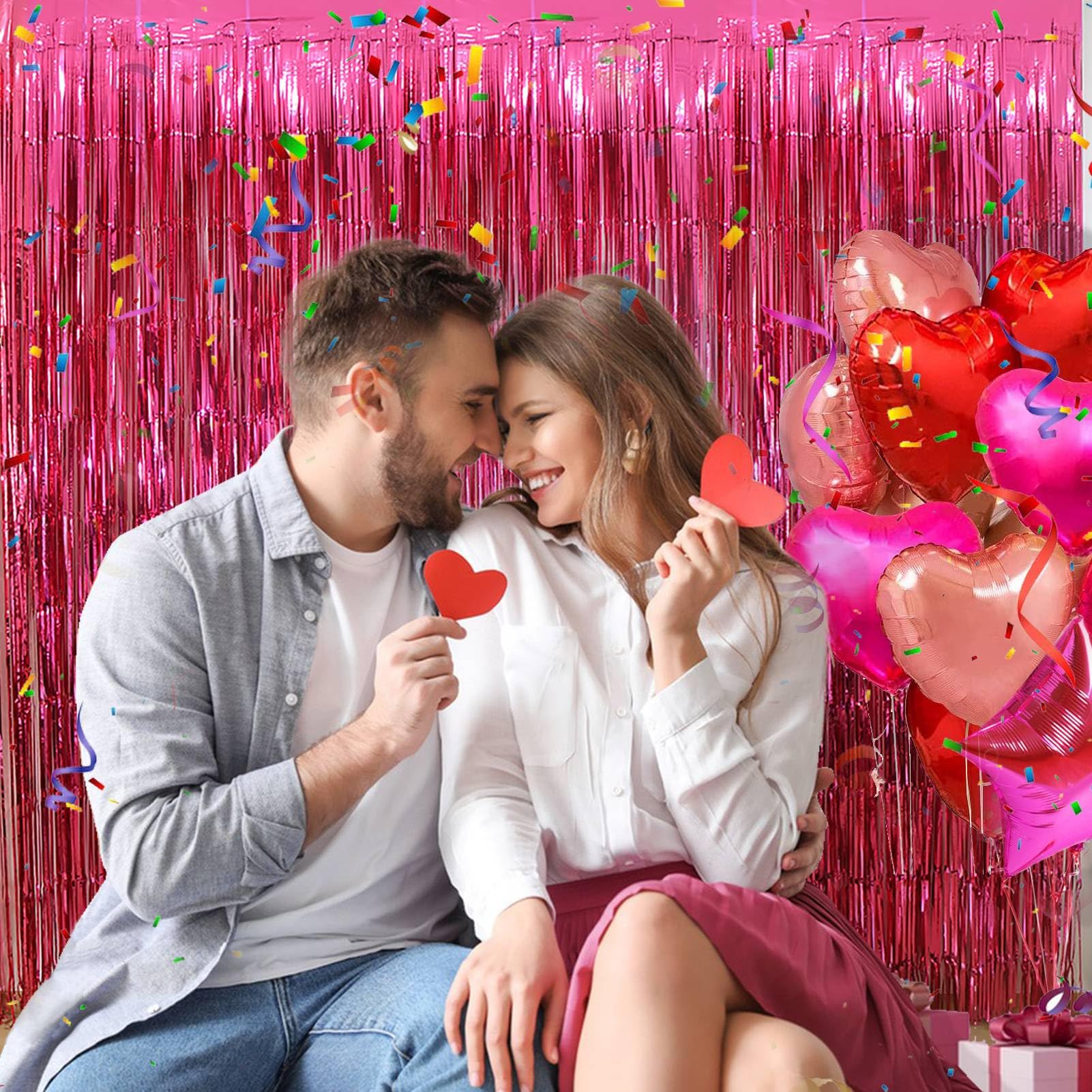 Eufars Valentines Day Backdrops Curtains   3 Pack Of 3.2X8.2Ft Hot Pink Foil Fringe Curtains Streamers Backdrop For Birthday Par