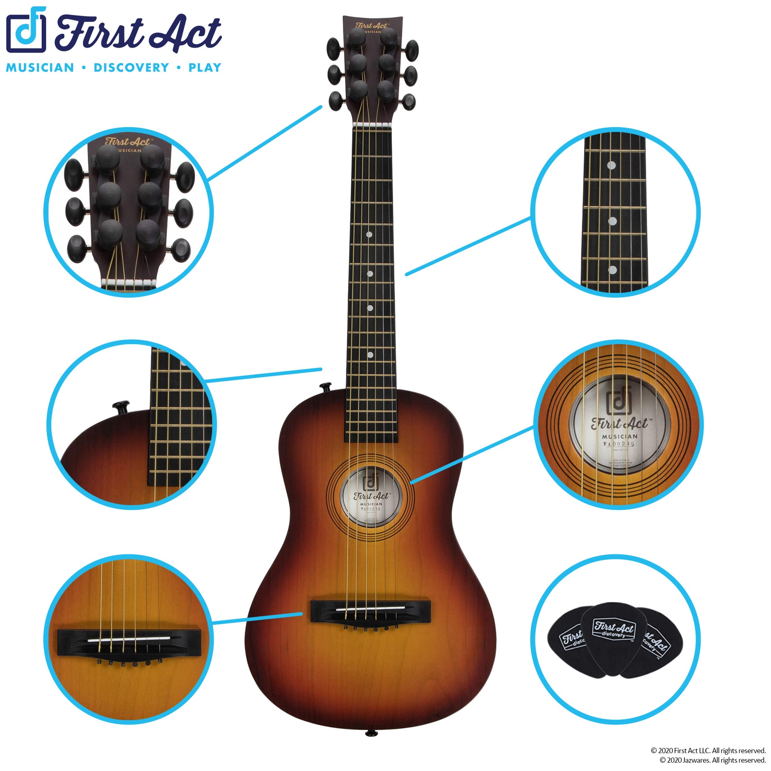 First Act Acoustic Sunburst Guitar, 30 Inch   Brass Acoustic Guitar Strings, Tuning Gear, String Post Covers, Steel Reinforced N