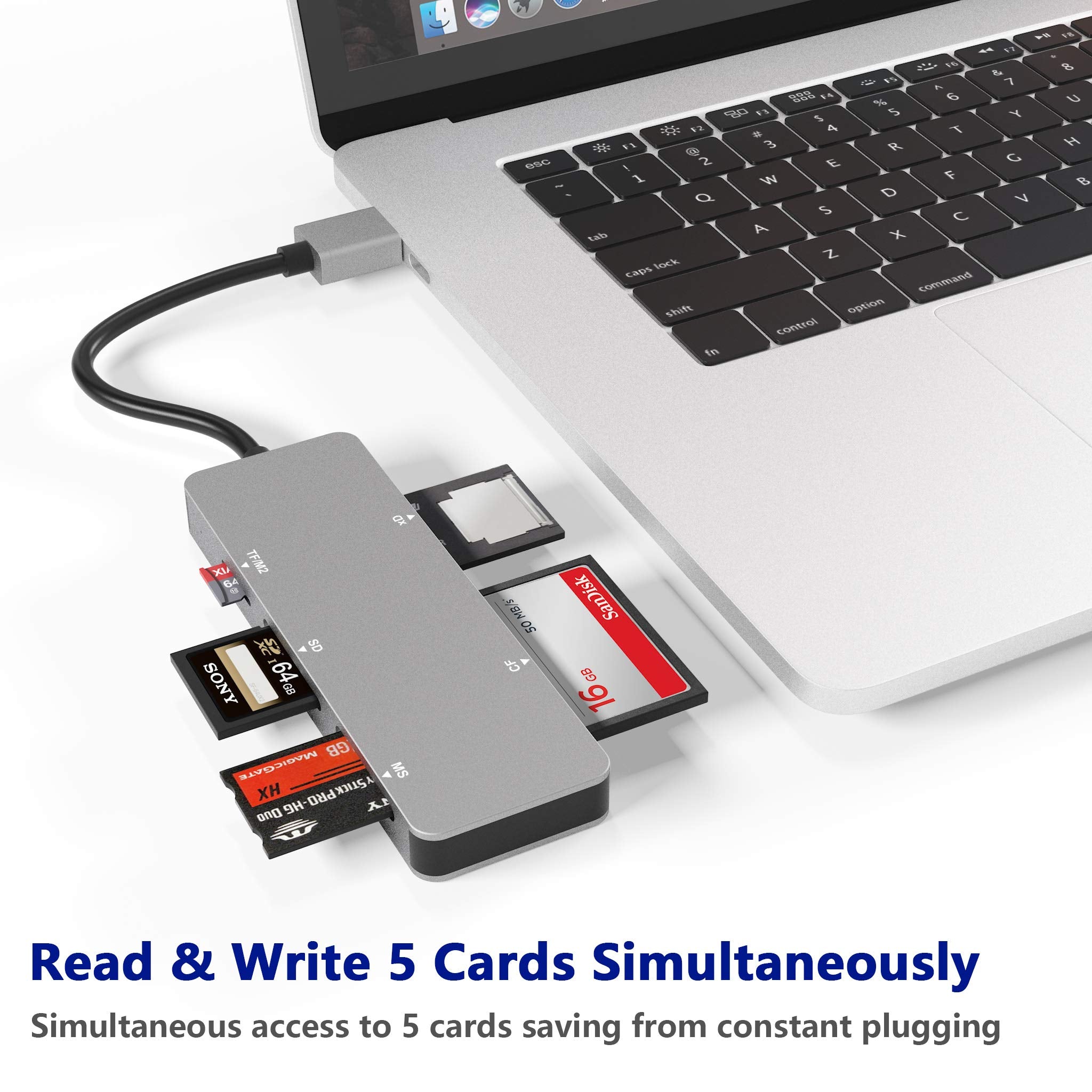 Rytaki Pro USB3.0 XD Card Reader - 6 in 1 High Speed Adapter for TF/SD/MS/M2/XD/CF - Aluminum, Gray, Compatible with Windows & Mac