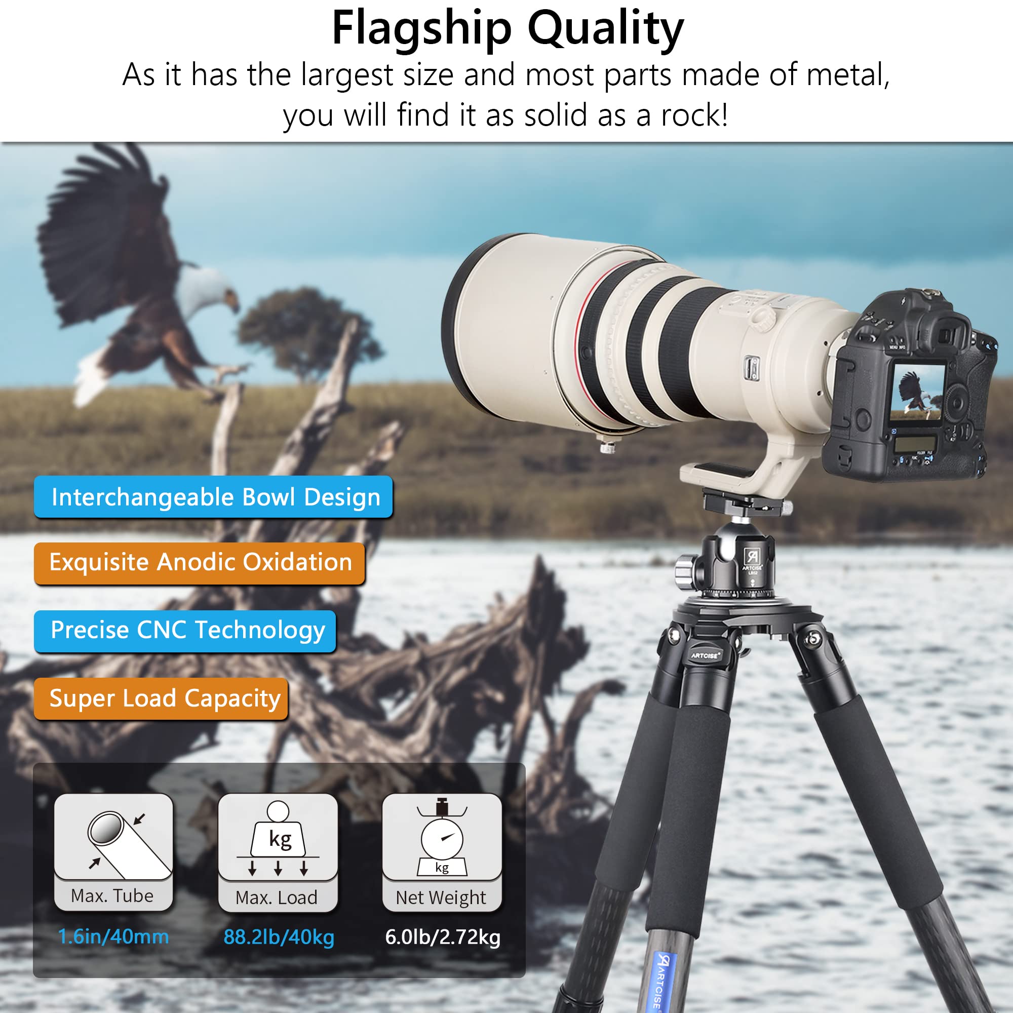 Carbon Fiber Tripod Heavy Duty Bowl Tripod Artcise As90C Camera Tripod Ultra Stable Carbon Tripod Stand With 75Mm Bowl And Adapter 10 Layers Carbon Fiber 40Mm Leg Tube Max Load 88 Lbs/40Kg