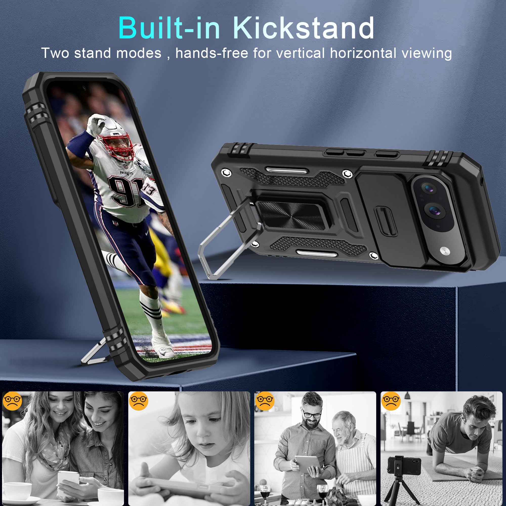 Deerlamn Case For Google Pixel 9/9 Pro With Slide Camera Cover+Screen Protector(1 Pack), Rotated Ring Kickstand Military Grade S