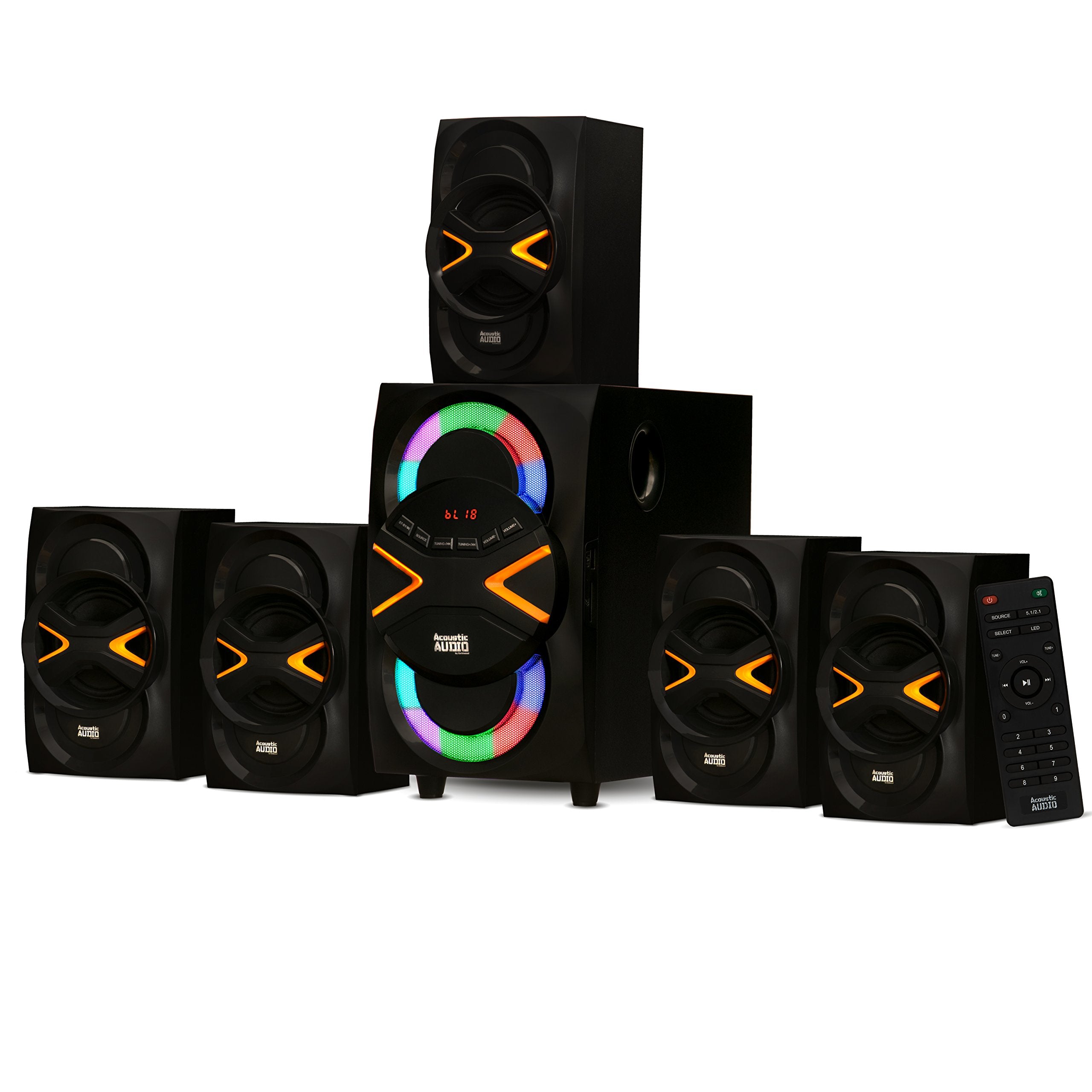 Acoustic Audio By Goldwood 5.1 Speaker System 5.1 Channel With Led Lights And Bluetooth Home Theater Speaker System, Black (Aa52