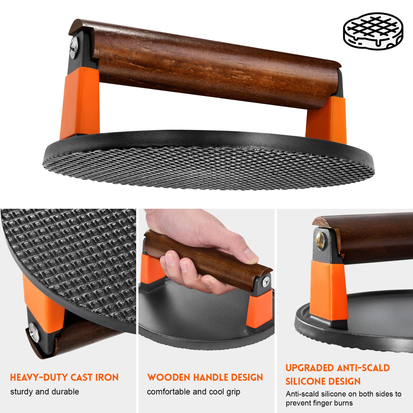 Ggc Smash Burger Press, Cast Iron Bacon Press For Hamburger, Steak, Bacon, Sandwiches, 7'' Round Meat Press With Wooden Handle F