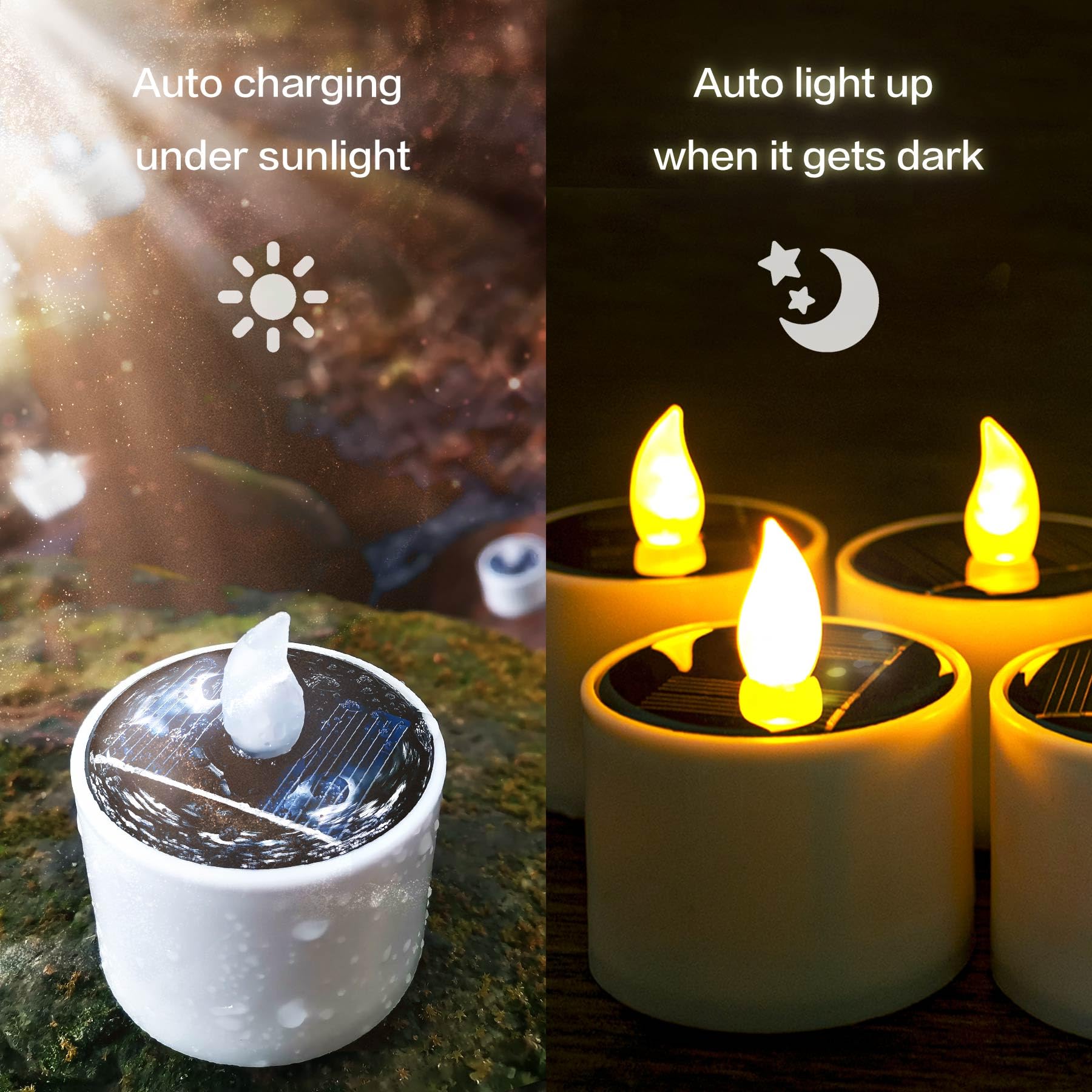 Yakpo 6 Pack Warm White Solar Powered Outdoor Waterproof Led Tea Lights, Rechargeable Flameless Flickering Solar Tealights Batte