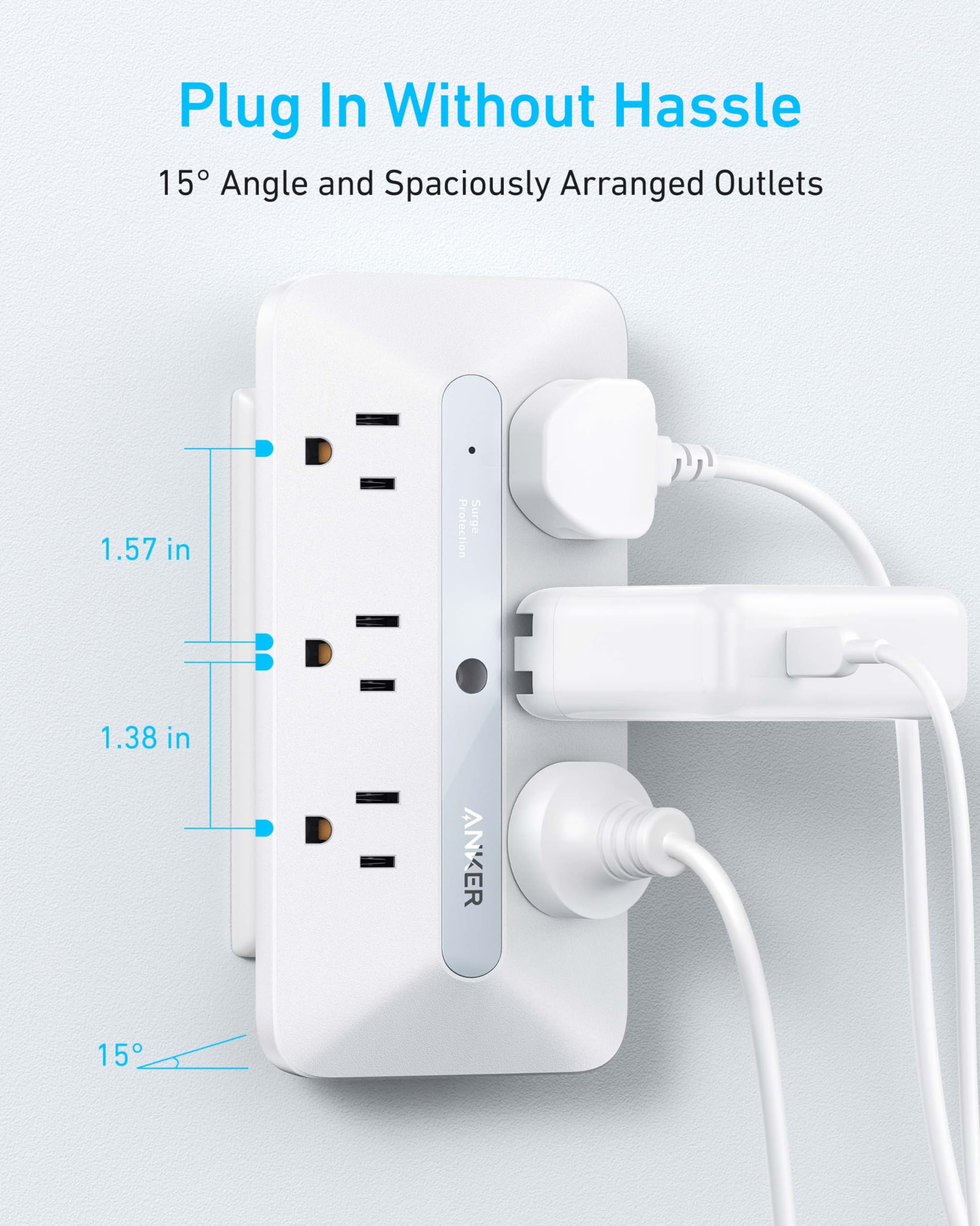 Anker Wall Charger, 300J Surge Protector, 10 In 1 Outlet Extender, 6 Ac, 2 Usb A, 2 Usb C Ports, Wide Spaced Outlets And 20W Fas