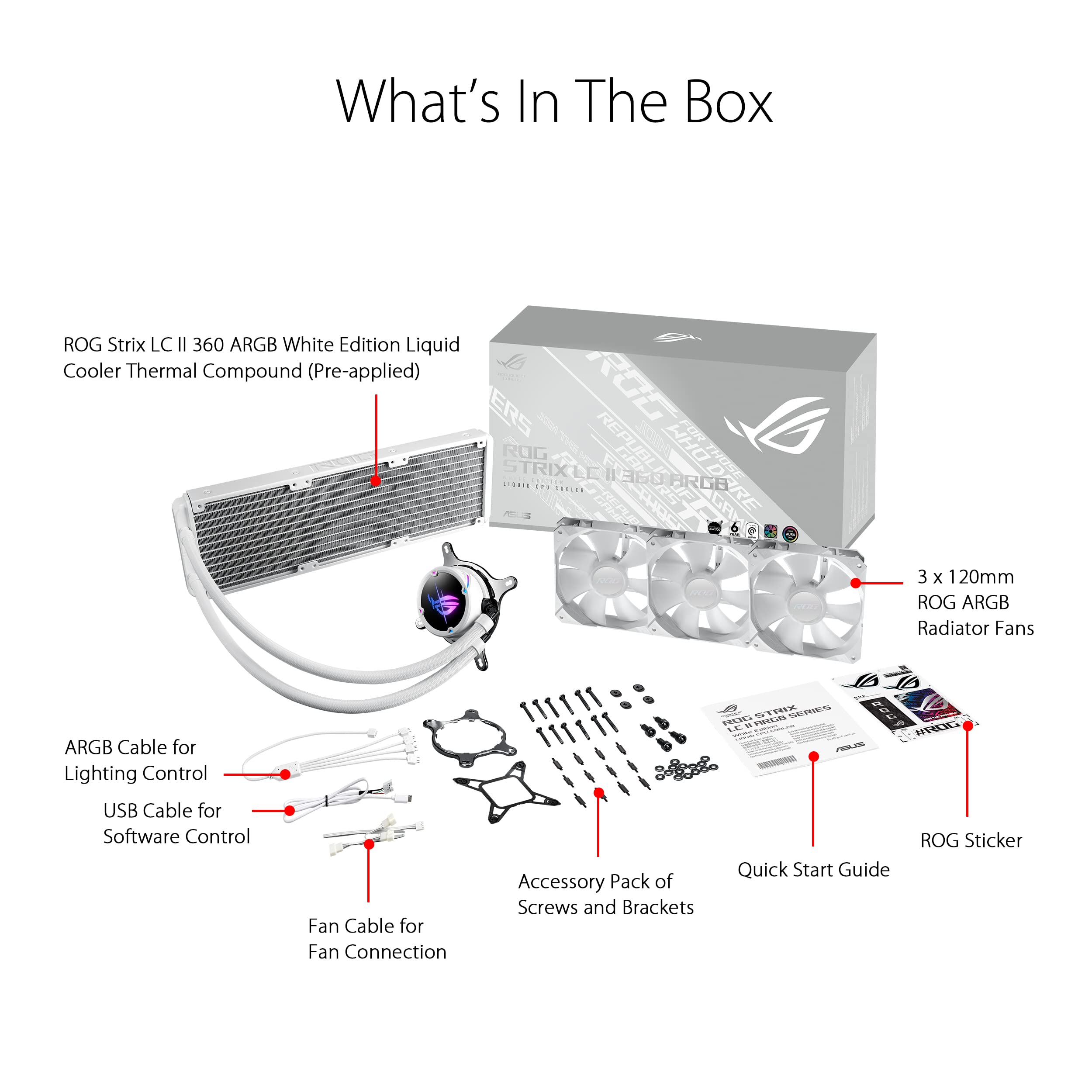 Asus Rog Strix Lc Ii 360 Argb White Edition All In One Aio Liquid Cpu Cooler 360Mm Radiator, Intel Lga1700, 115X/2066 And Amd Am