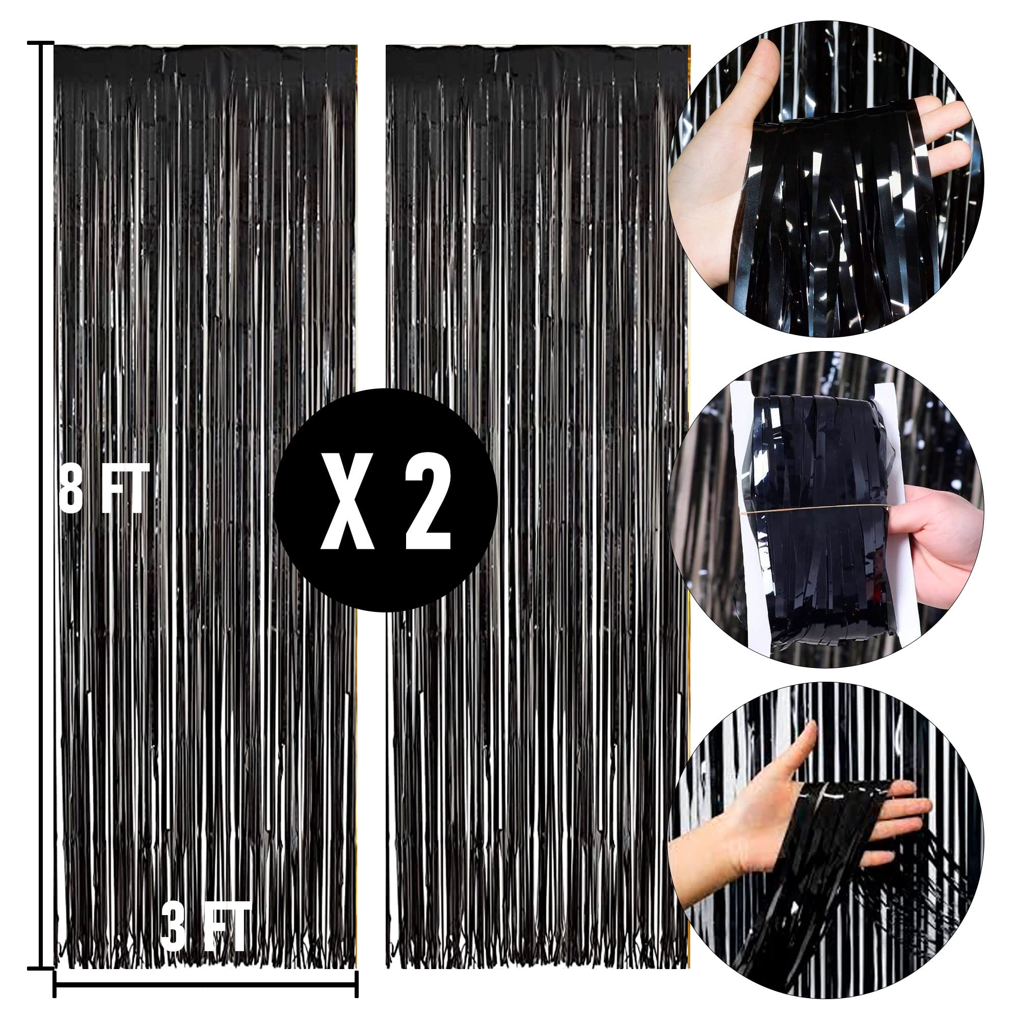 Dazzle Bright 2 Pack Black Backdrop Curtain, 3Ft X 8Ft Metallic Tinsel Foil Fringe Curtains Photo Booth Background For Baby Show