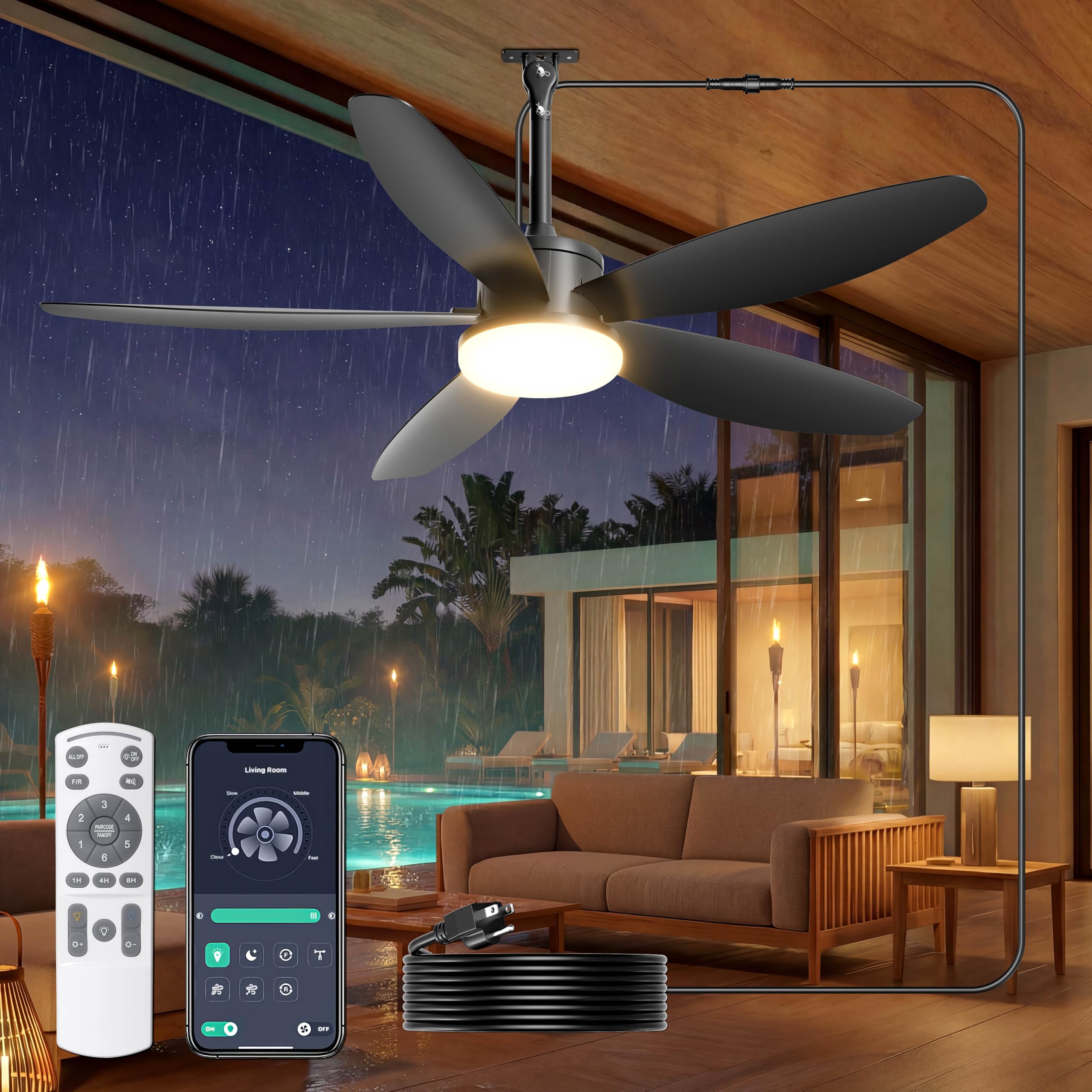 Phylluz Outdoor Ceiling Fan with Lights, 42 Inch Plug in Gazebo Fans with Remote APP Control, Quiet DC Motor, Dimmable 3CCT, Wat