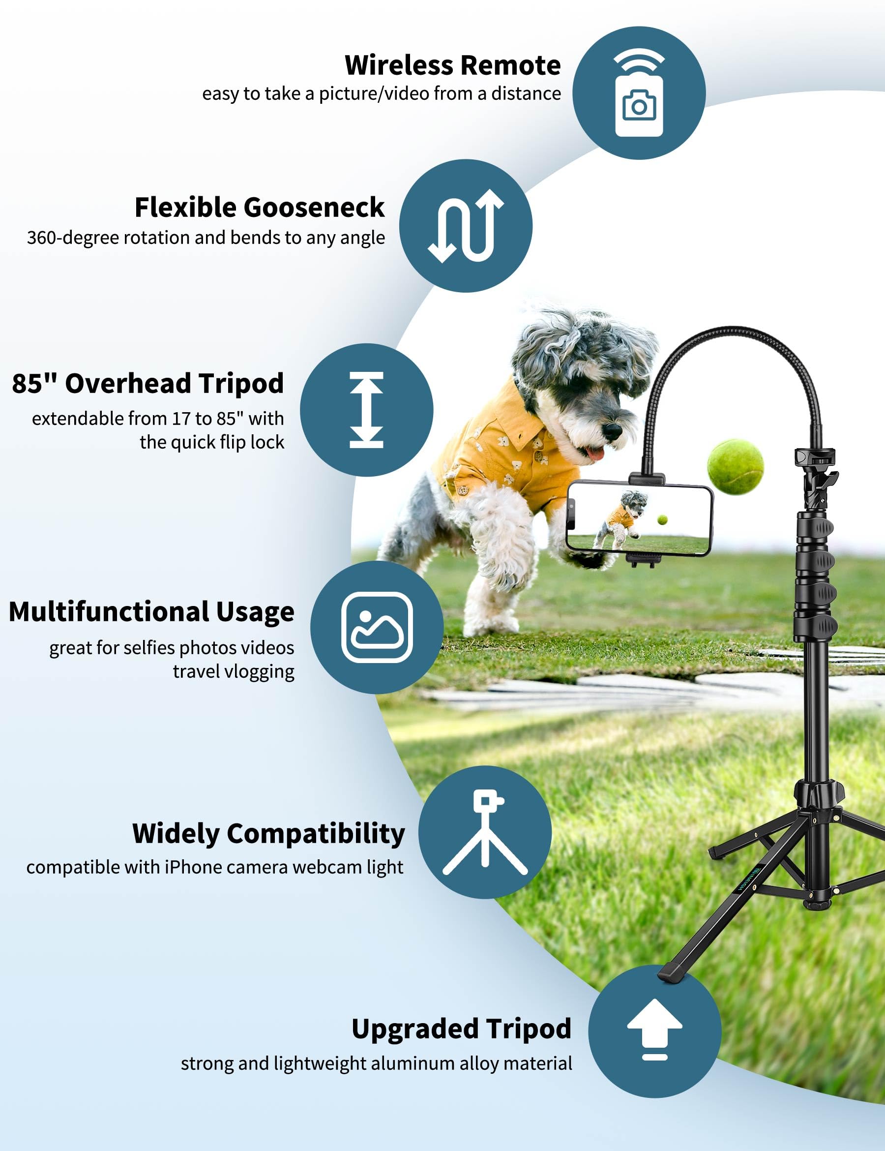 Nineigh Phone Tripod, 85'' Tripod For Cell Phone Iphone With Gooseneck, Aluminum Tripod Stand For Video Recording Photo Vlog, Tr