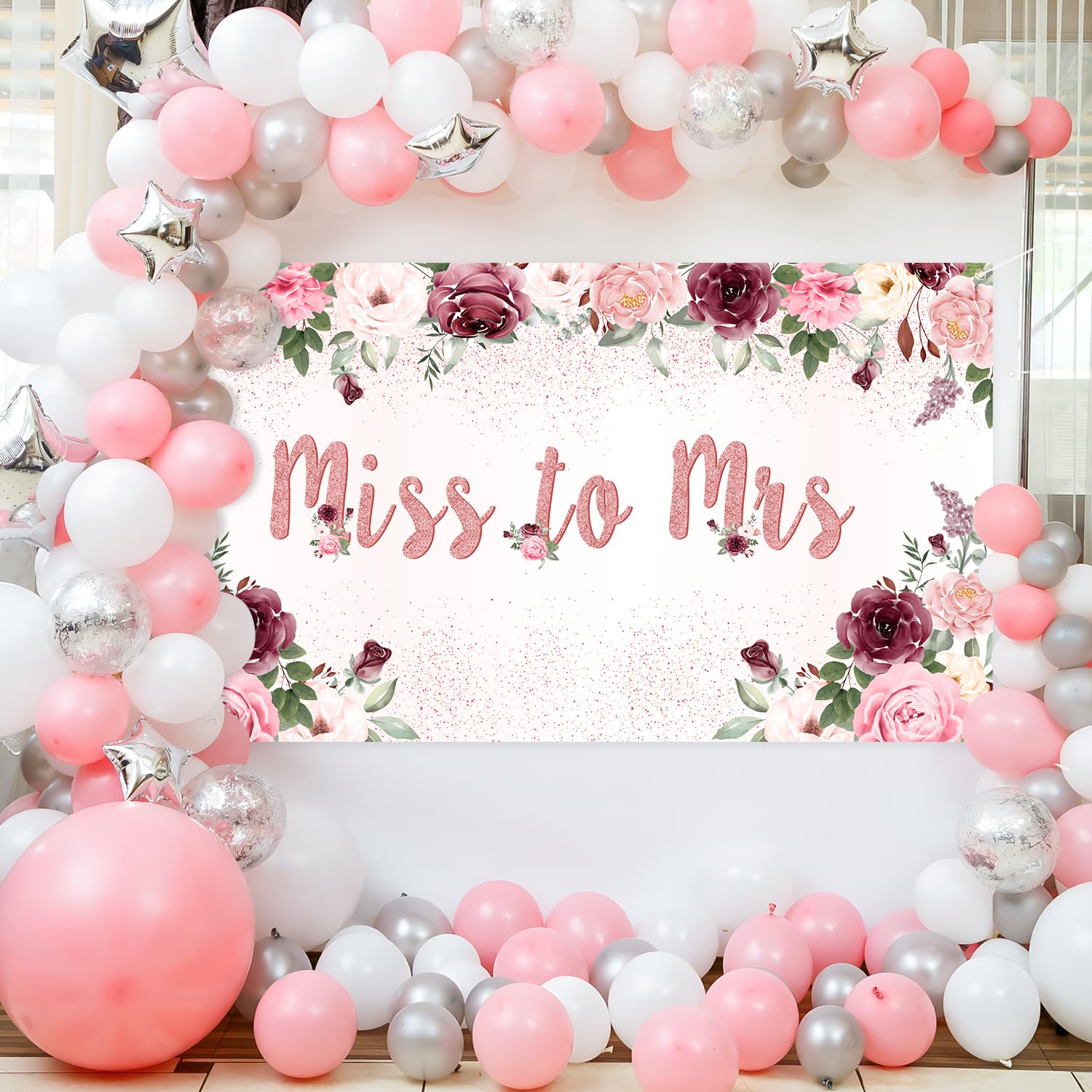 Watinc Xtralarge Miss To Mrs Bridal Shower Backdrop Banner Decorations, Pink Floral Rose Gold Glitters Confetti Decors, Wedding