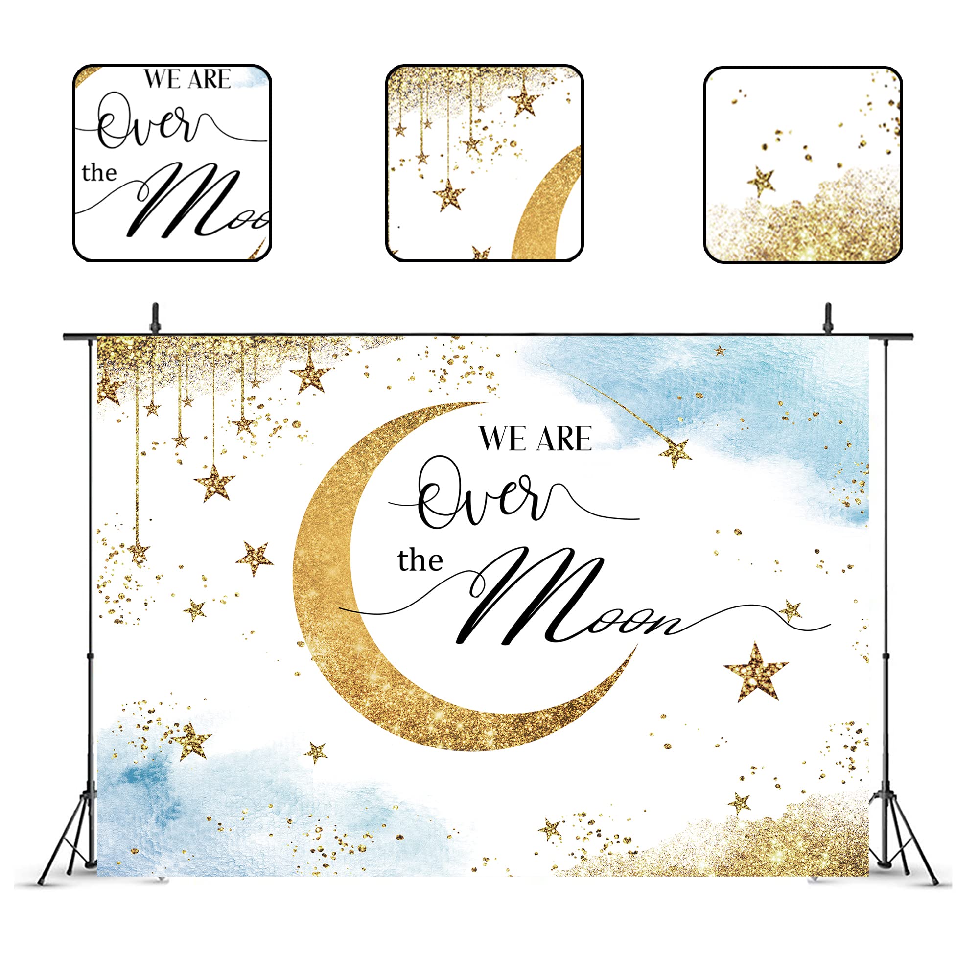 Glawry Over The Moon Baby Shower Backdrop 7Wx5H Feet Boho Blue Watercolor Shinning Stars Gold Dots Celestial Over The Moon Party
