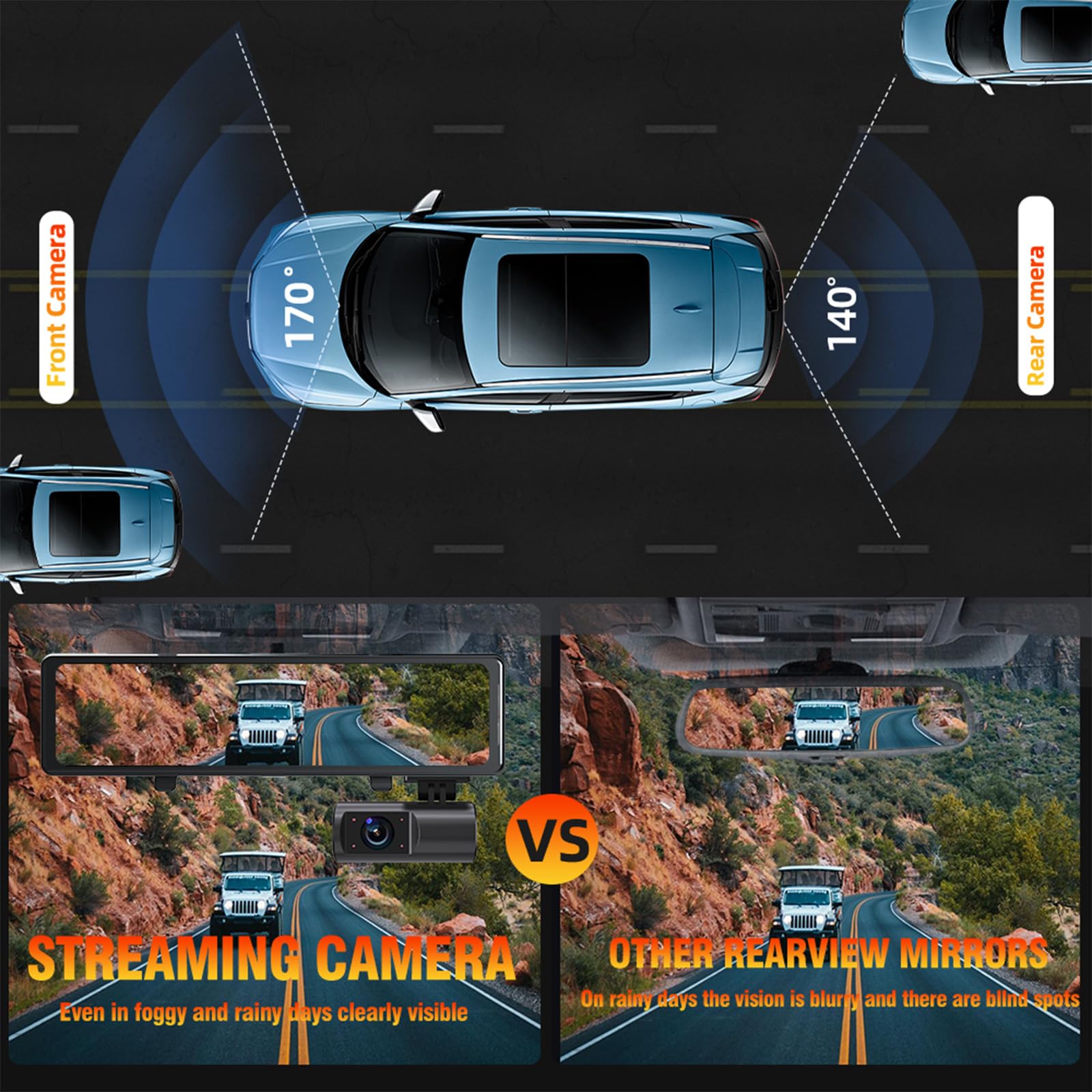 Aprilbay 3 Channel Rear View Mirror Camera, 12'' Hd Mirror Dash Cam Front, Inside And Rear With Wifi, Gps, G Sensor, Reverse Ass