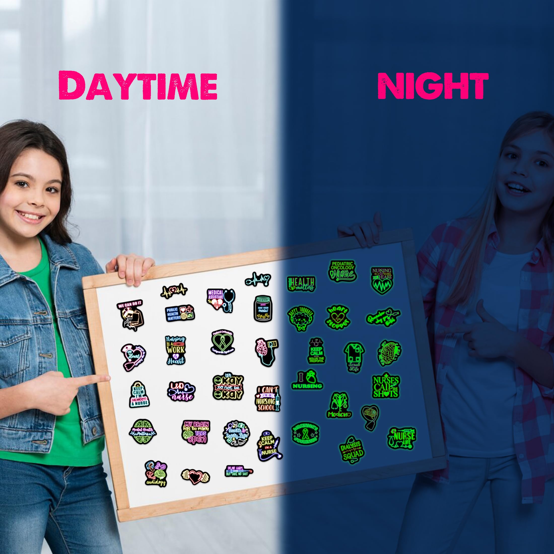 50 Pcs Glow In The Dark Inspirational Quotes Neon Water Bottle Stickers, Creative Nurse Doctor Themed Waterproof Vinyl Laptop De