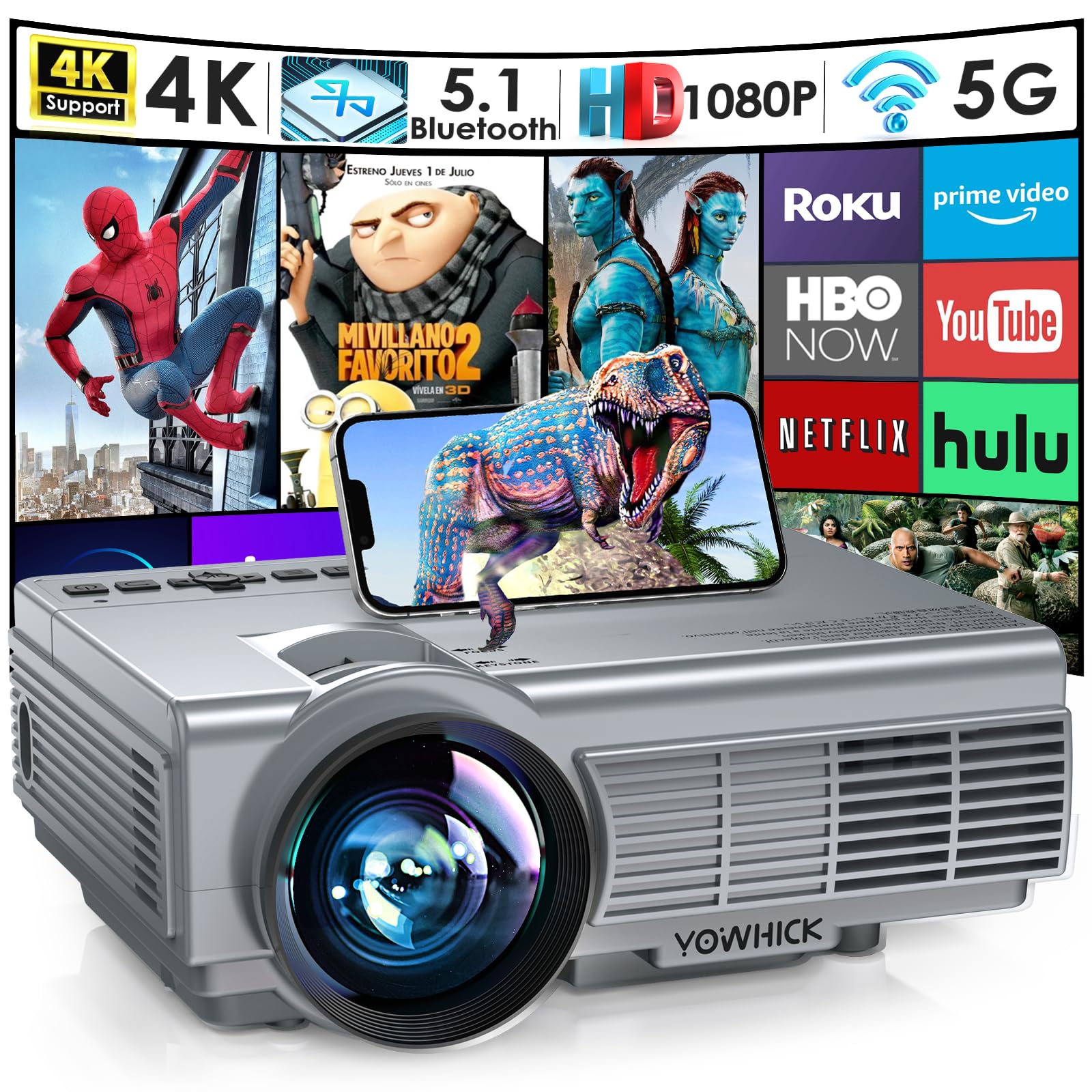 Yowhick Projector With 5G Wifi Bluetooth, Native 1080P Outdoor Movie Projector 4K Support, 10000L Movie Video Projector, For Hdm