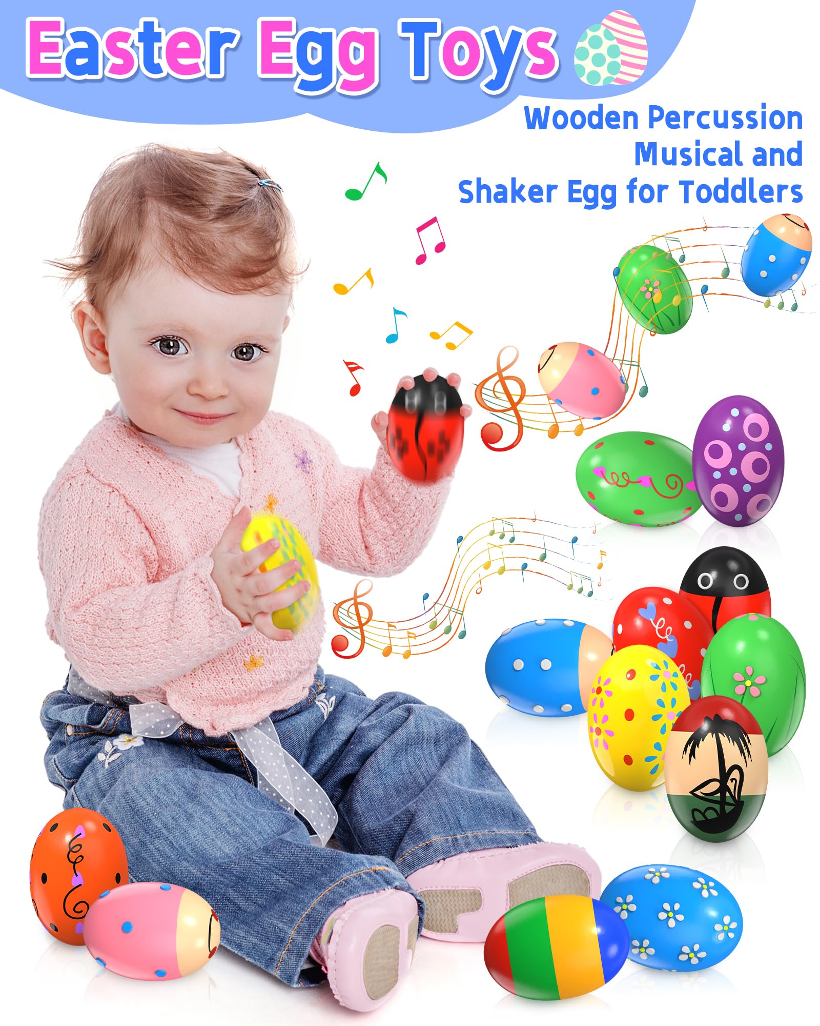 12 Pack Wooden Percussion Musical Shaker Prefilled Easter Eggs With Toys Inside Filled, Toddlers Easter Basket Stuffers Egg Fill