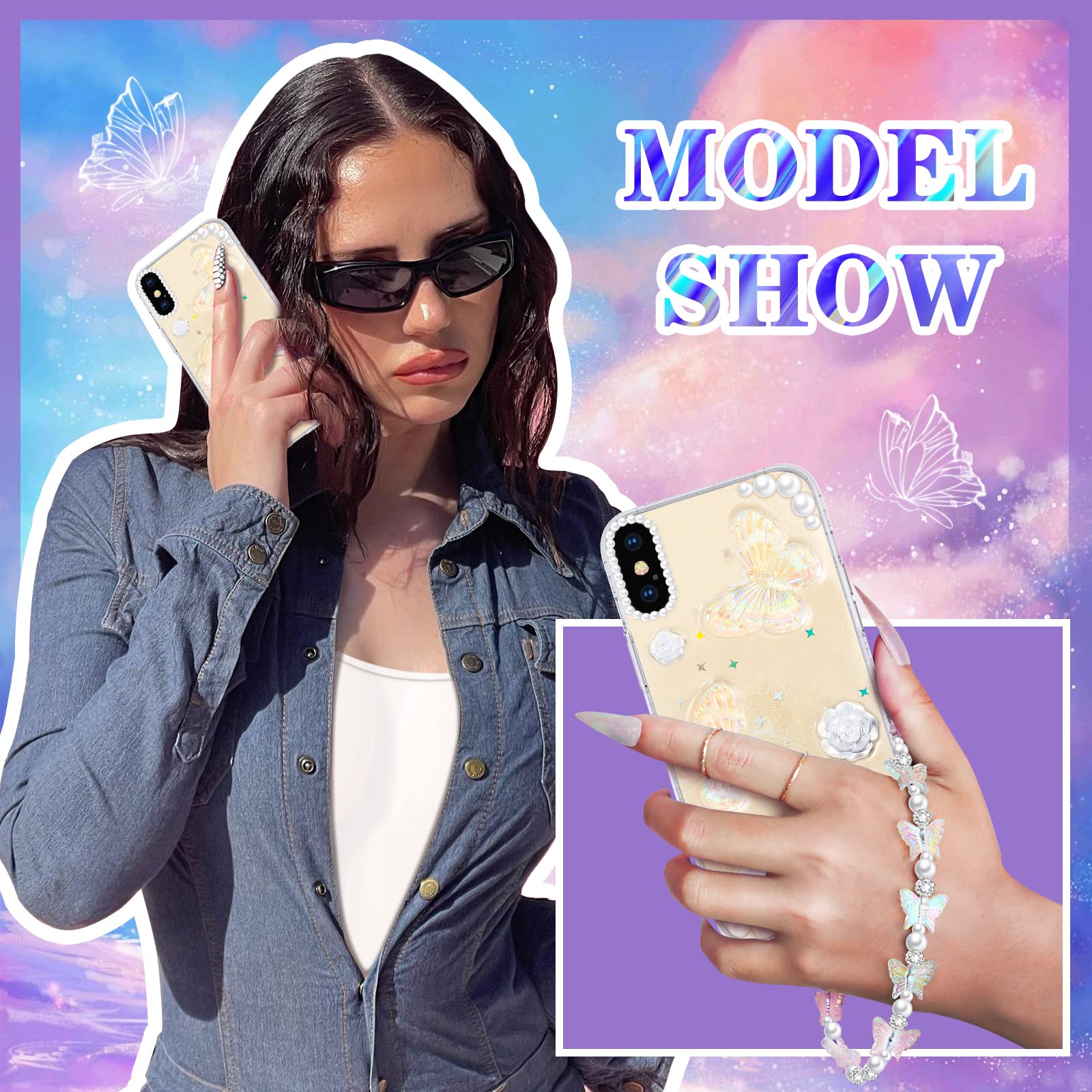 Goocrux (3In1 Case For Apple Iphone X/Xs Butterfly Glitter Handmade Sequin Sparkle Pretty For Women Girls Clear Design Crystal P