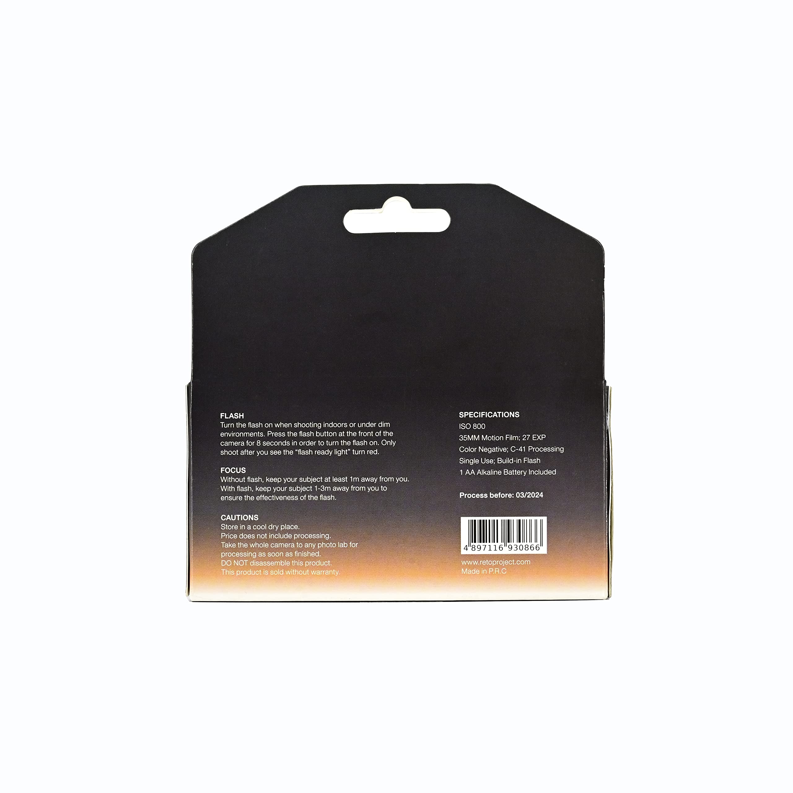 Reto Amber Tungsten 35Mm Disposable Film Camera 27Exp, Color Negative Film, Focus Free, Easy To Use, Built In Flash, Single Use