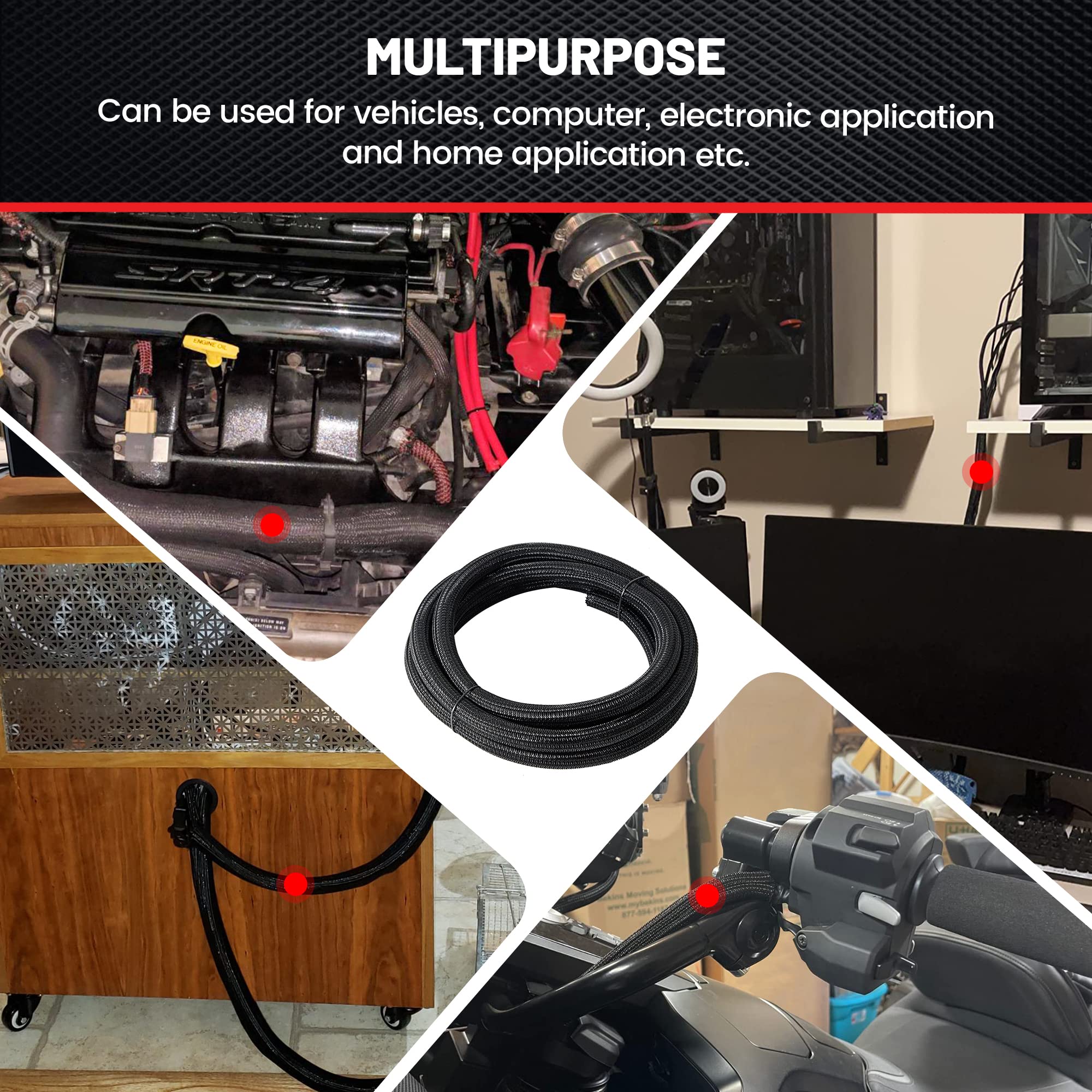 Red Wolf Braided Wire Cable Sleeve Split Wiring Sleeving 10 Feet   1/2'' Flexible Self Wrap For Automotive Computer Cable Cord M