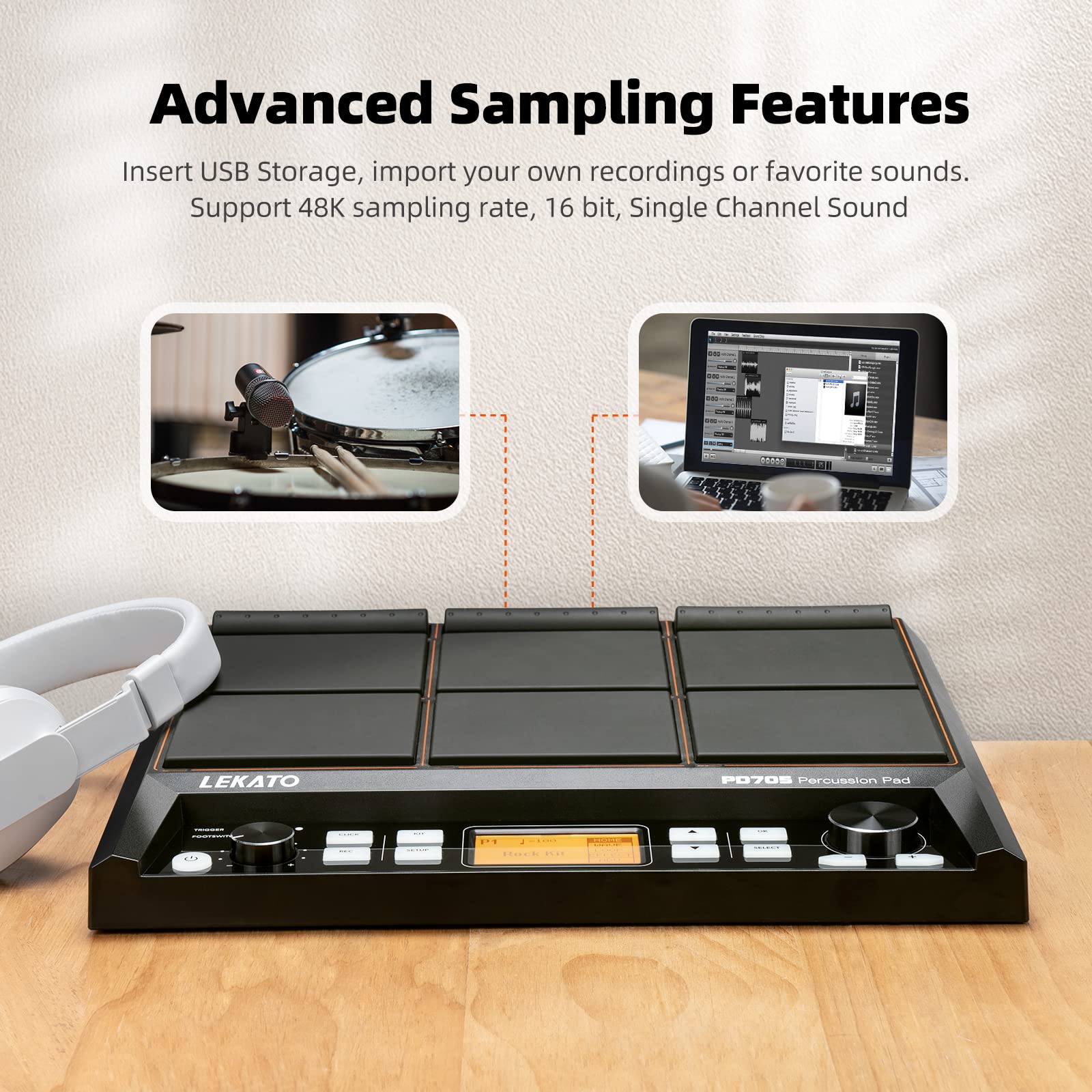 Drum Sample Pad, Lekato Electric Drum Set Pad With 9 Velocity Sensitive Drum Pad, Built In 30 Drum Kits, Percussion Pad Multipad