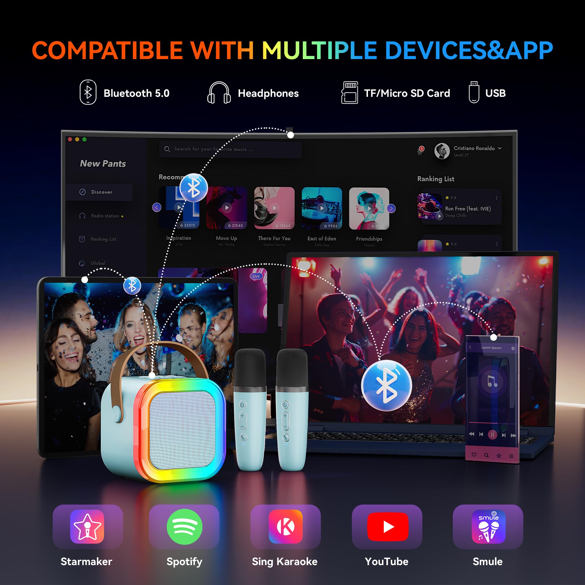 Karaoke Machine For Kids Adults, Portable Bluetooth Mini Karaoke Microphone Singing Speaker With 2 Mic And Light,Toys For All Sm