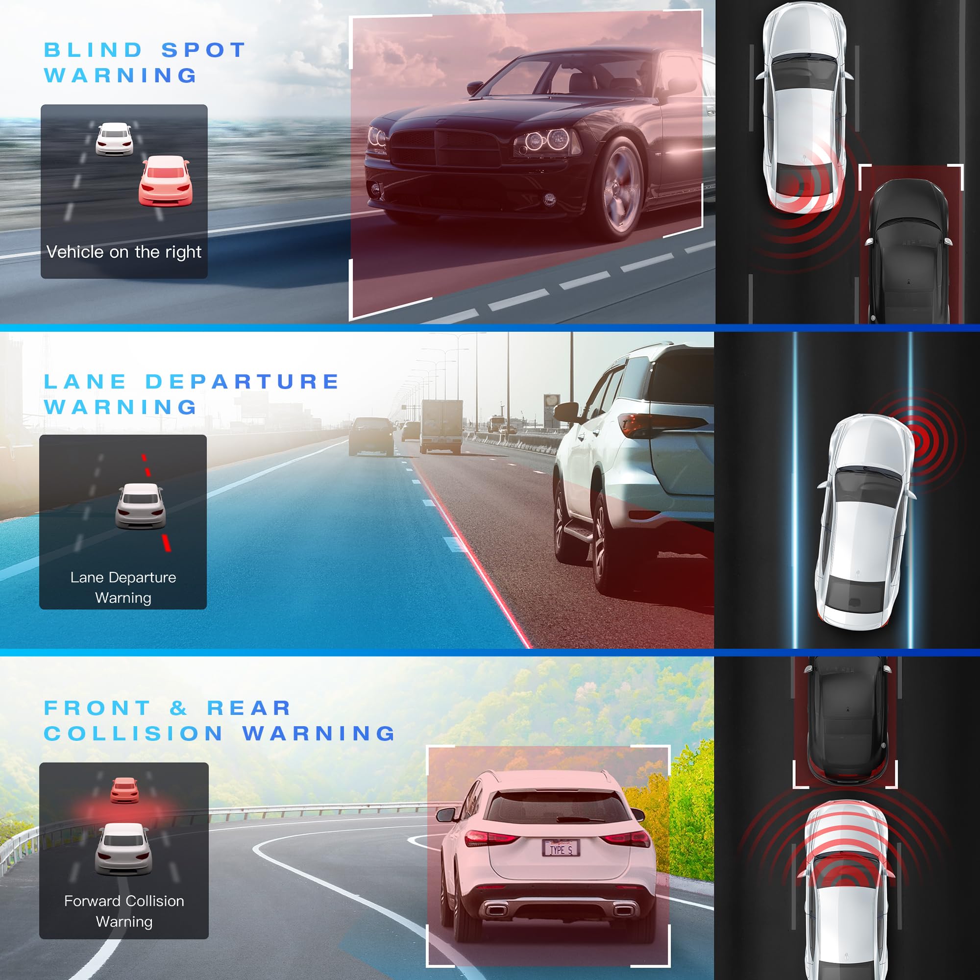 Type S T200 Ai Driver Assistance Dash Cam Powered By Adas, 1440P, Collision Alerts, Lane And Pedestrian Detection, Vehicle Depar