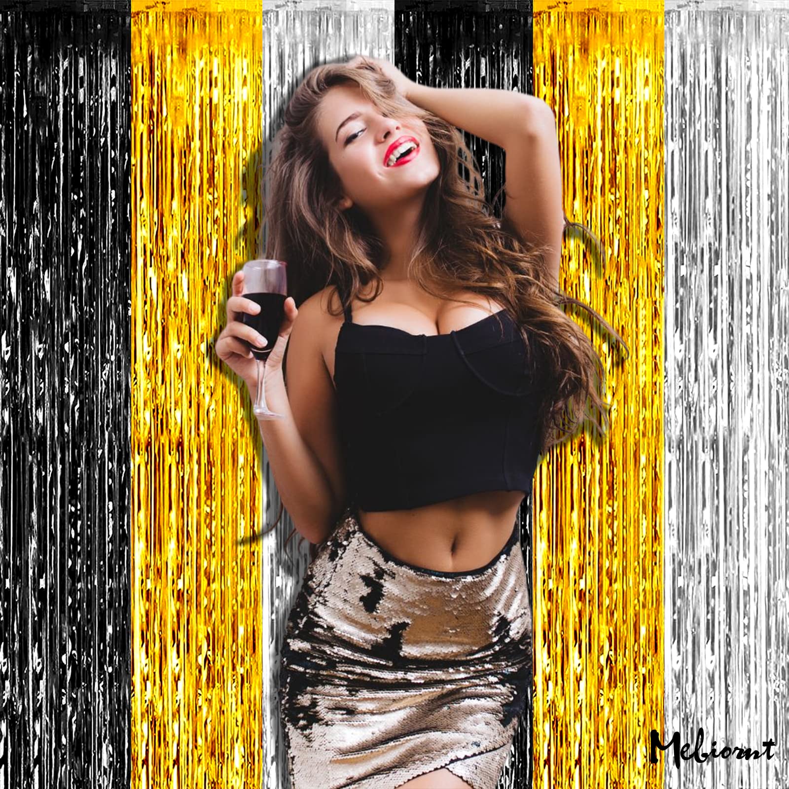 4 Pack 3.2Ft X 8.2Ft Black Gold Silver Fringe Curtain Backdrop, Metallic Tinsel Foil Fringe Streamers Curtains Background For We