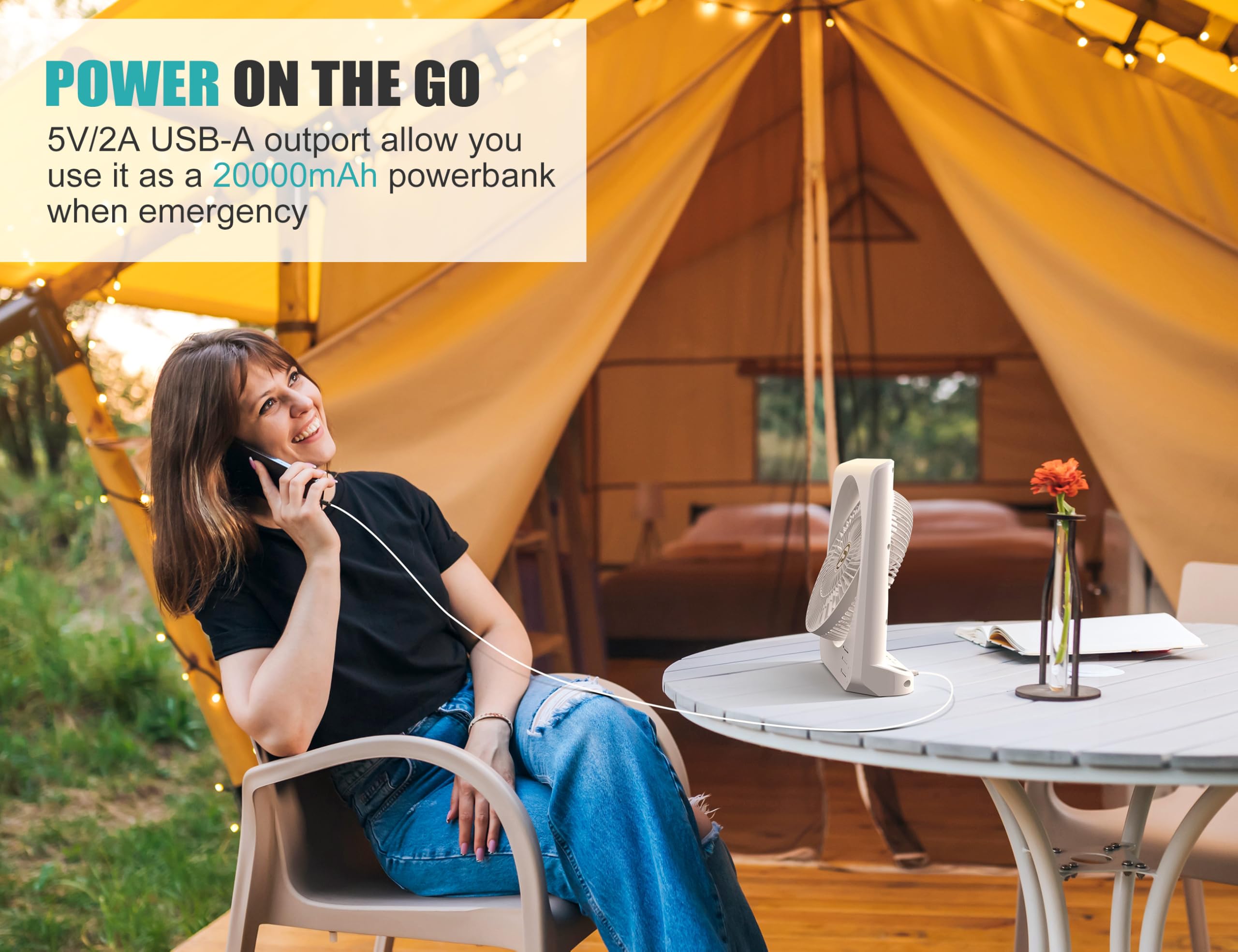 20000Mah Rechargeable Fan For Camping   55H Super Long Last Battery Operated Fan, 10'' Square Table Fan With Timer, 210 Pivot 4