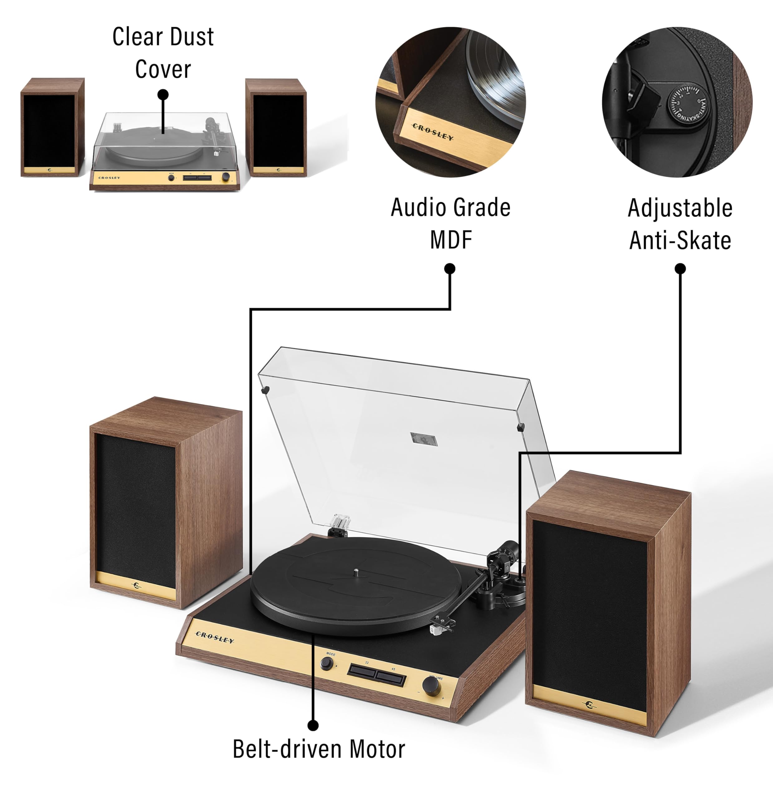 Crosley C72 2 Speed Belt Drive Bluetooth Turntable Record Player With 80W Speakers And Carbon Fiber Tonearm, Walnut