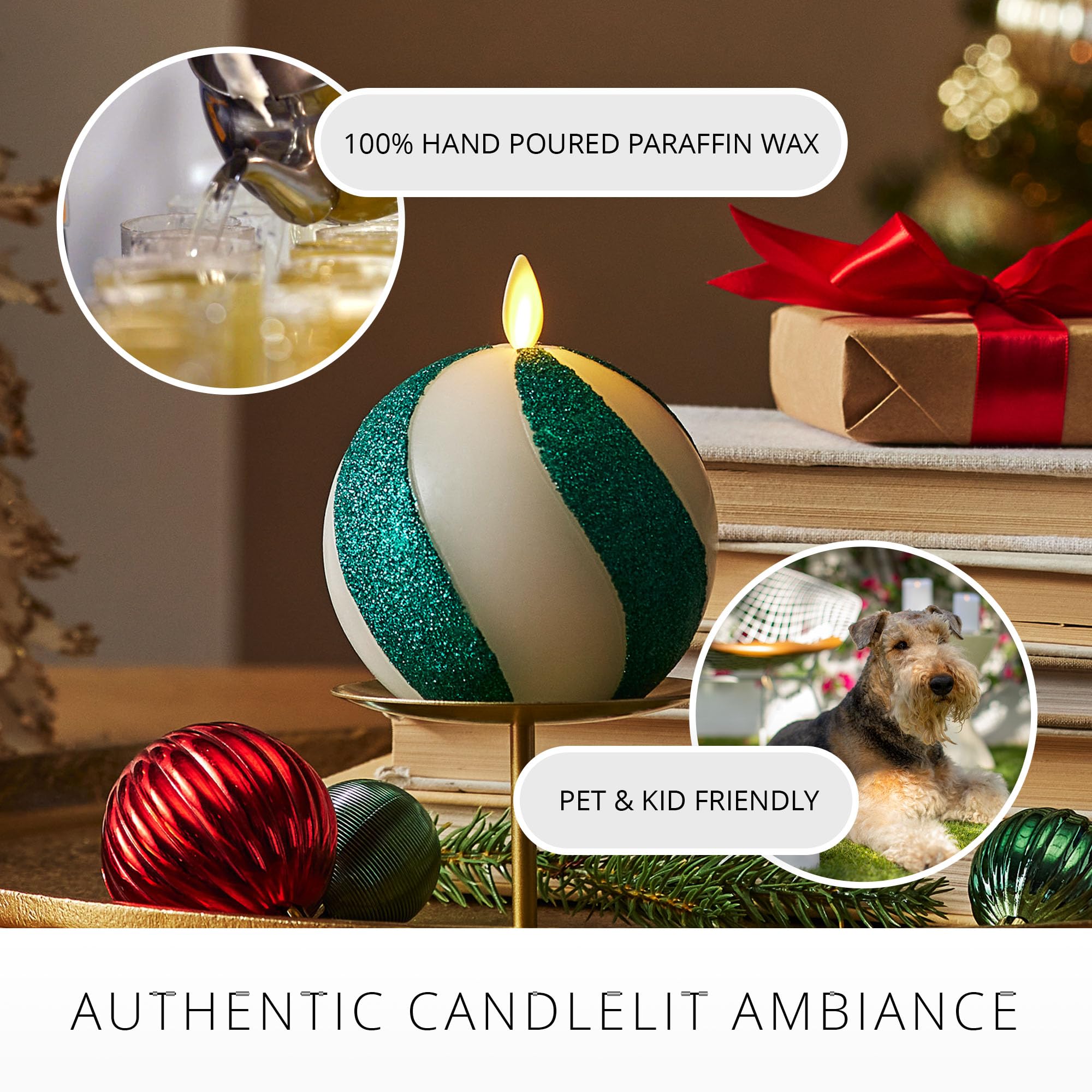 Luminara   Flameless Holiday Crystal Beads Glitter Sphere Candle   Candy Cane Green  Pack Of 1 4X4.25   Auto Timer Built In 5 Ho