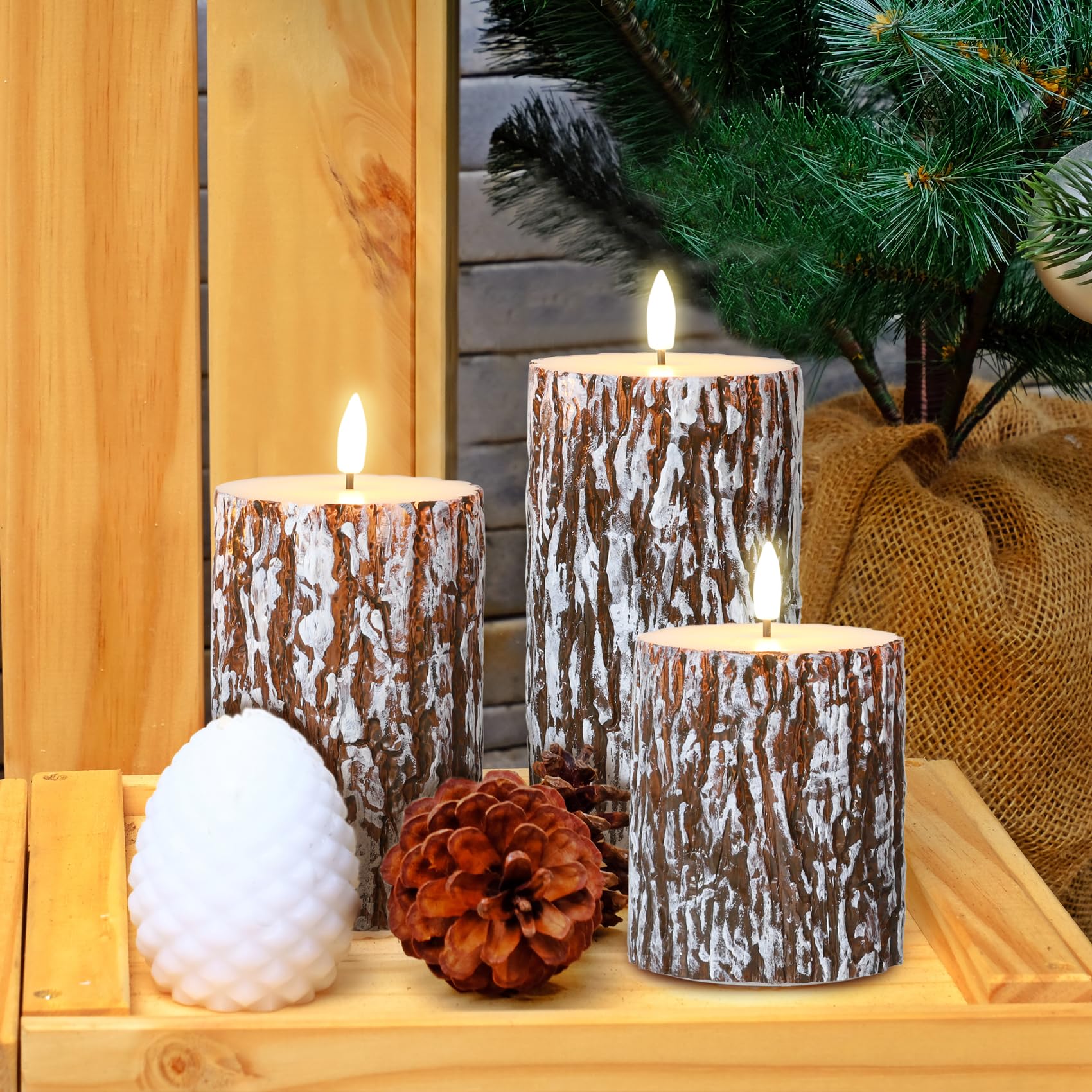 Eywamage Brown Pine Bark Flameless Pillar Candles With Remote, Farmhouse Battery Operated Led Wood Candles Set Of 3