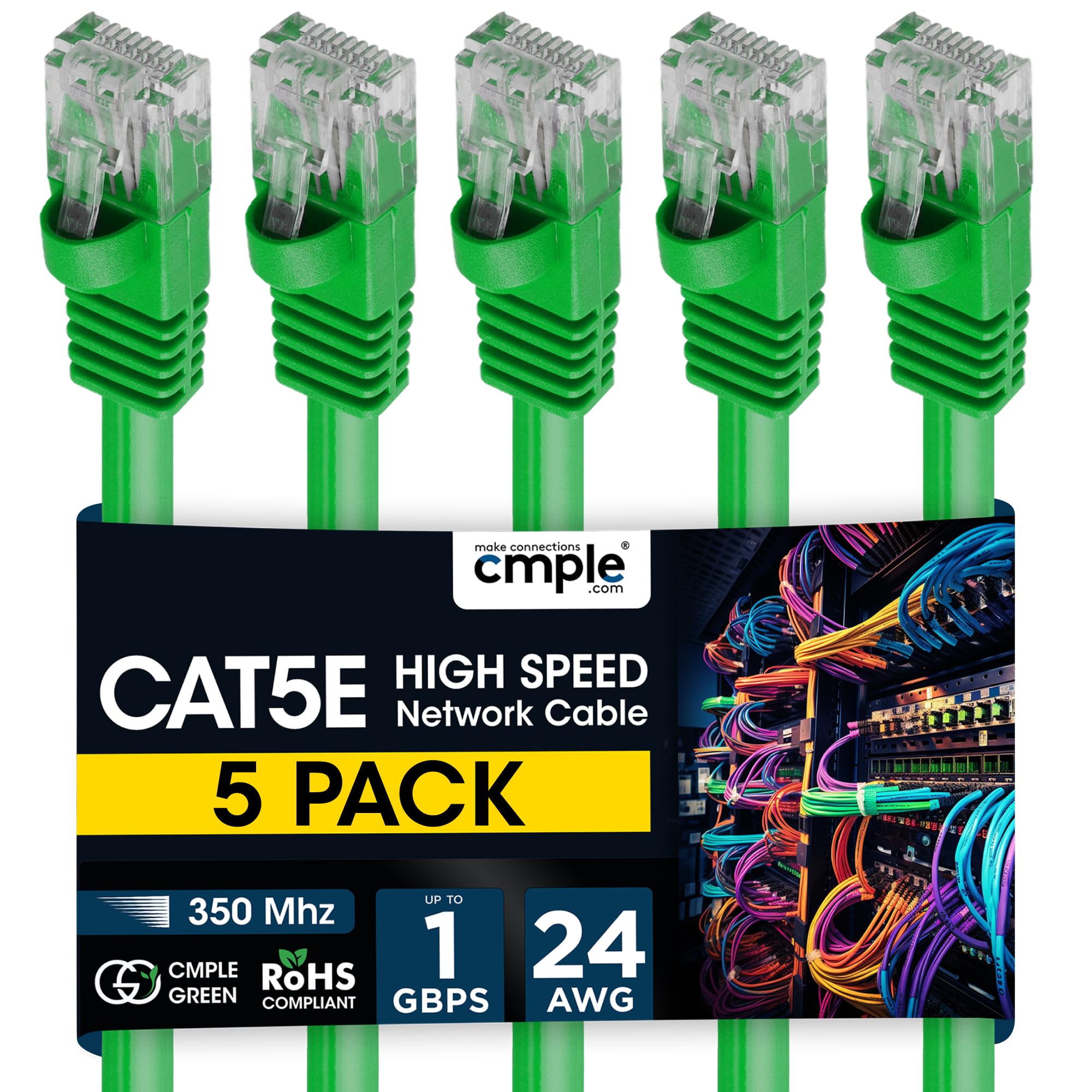 Cmple   (5 Pack) Cat5E Cable High Speed Ethernet Patch Cord Cable, Cat5 Wire For Fast Internet, Rj45 Computer Lan Network Cord 5